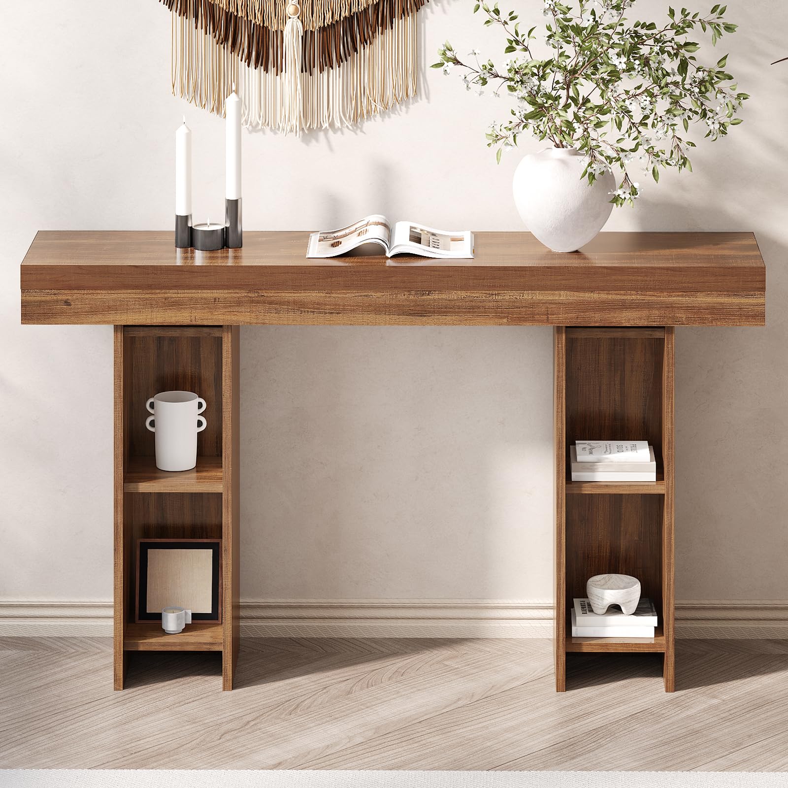 Mesa consola de granja de 55 pulgadas, mesa rectangular de madera para sofá detrás del sofá, mesa consola de entrada con almacenamiento para sala de estar, pasillo, entrada (marrón claro) 9