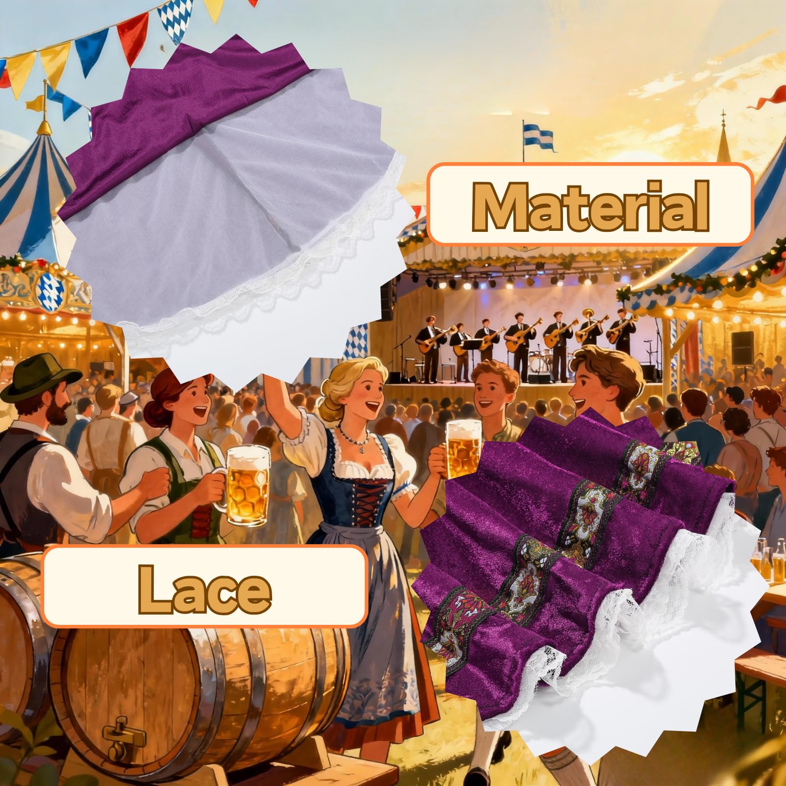 maxToonrain Women's Oktoberfest Outfit German Beer Bavarnian Dress Traditional Puff Short Sleeve Halloween Costumes for Womens(Bubble Sleeve Purple,XL) - Image 4