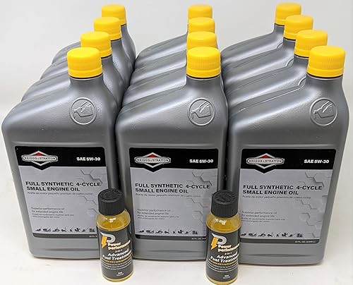 Briggs and Stratton 100074 Cuarto de galón 5W-30 Caja de aceite sintético de 12 unidades con tratamiento de combustible