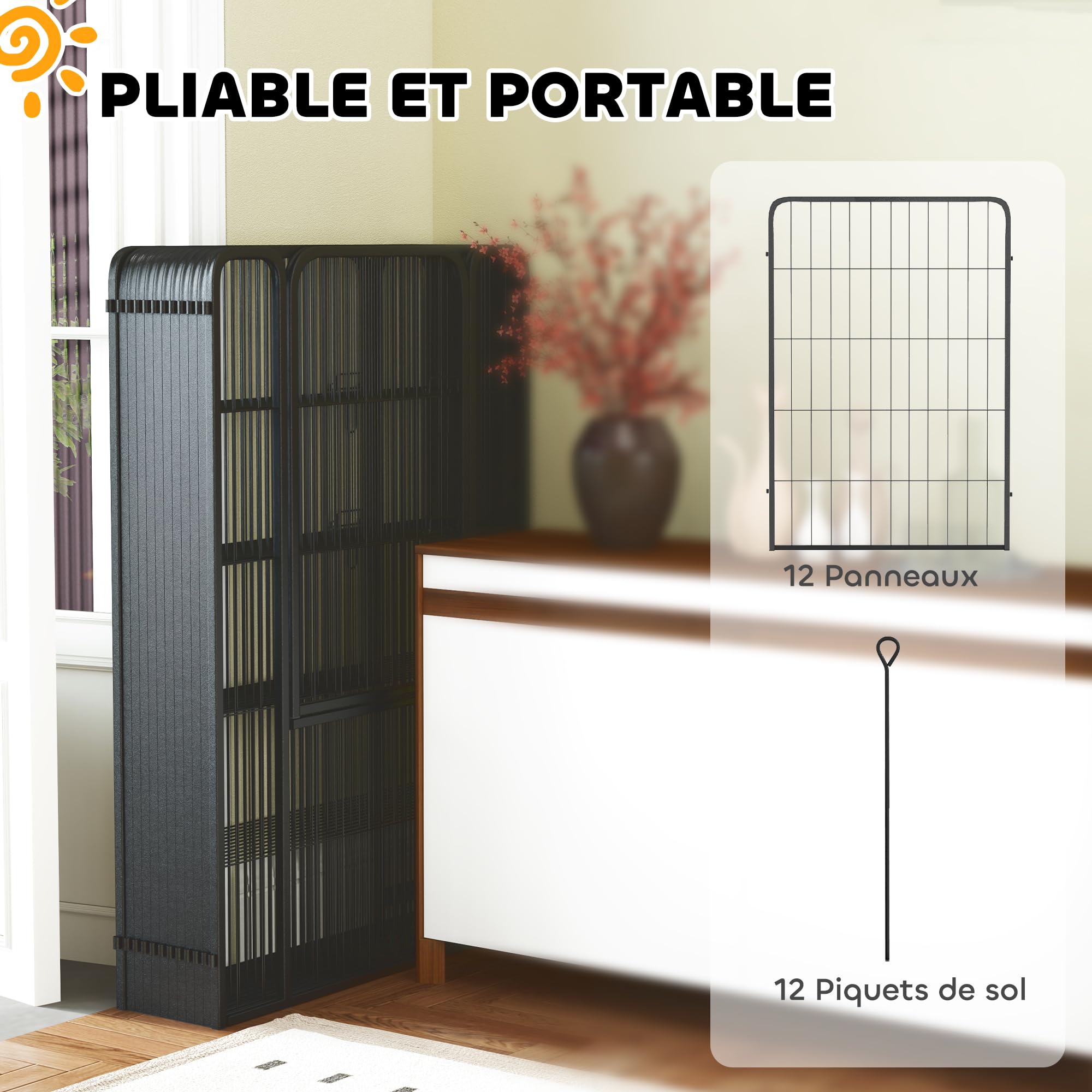 PawHut Park dla psów, składany wybieg dla psów z 12 panelami, przenośny stalowy wybieg z drzwiami, ogrodzenie dla kotów, szczeniąt i małych zwierząt, wewnątrz i na zewnątrz, czarny