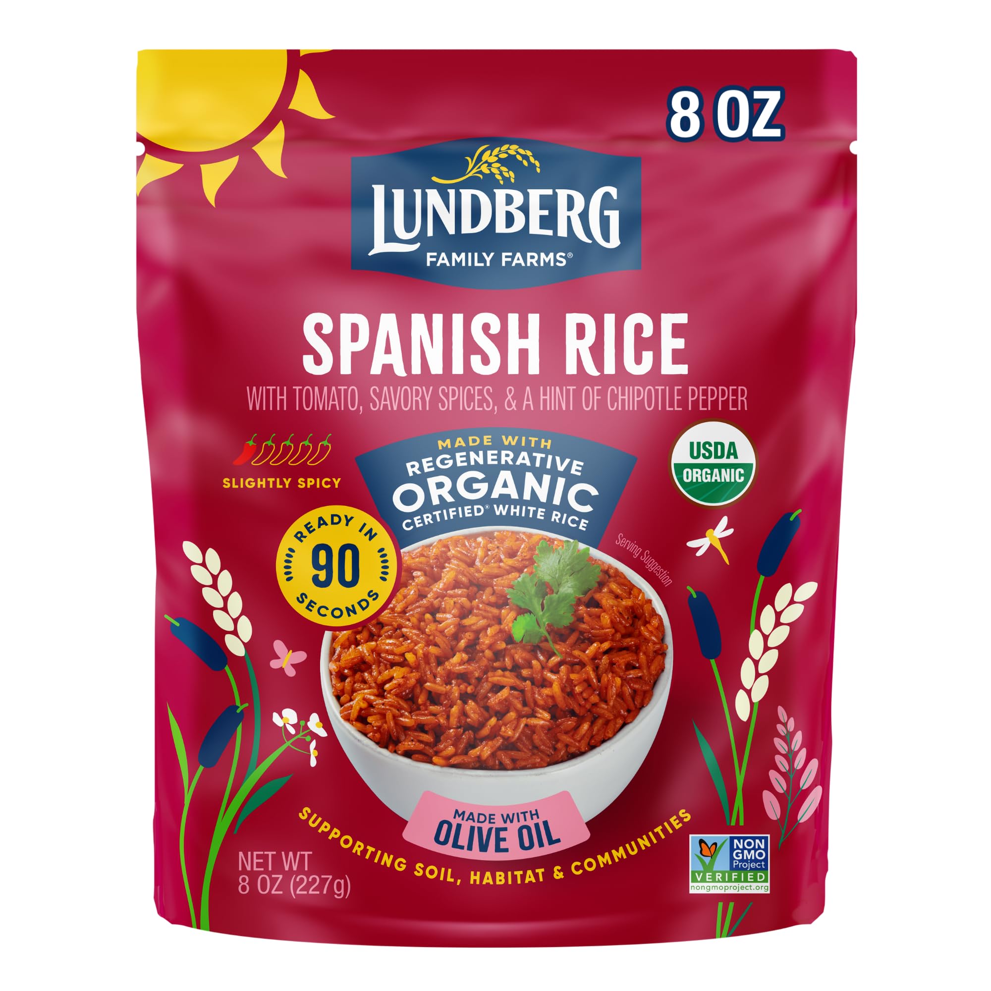 Lundberg Organic Spanish Rice - Microwave Ready in 90 Seconds, Regenerative Organic Lightly Seasoned White Jasmine Rice, Gluten-Free, 8oz Pouch