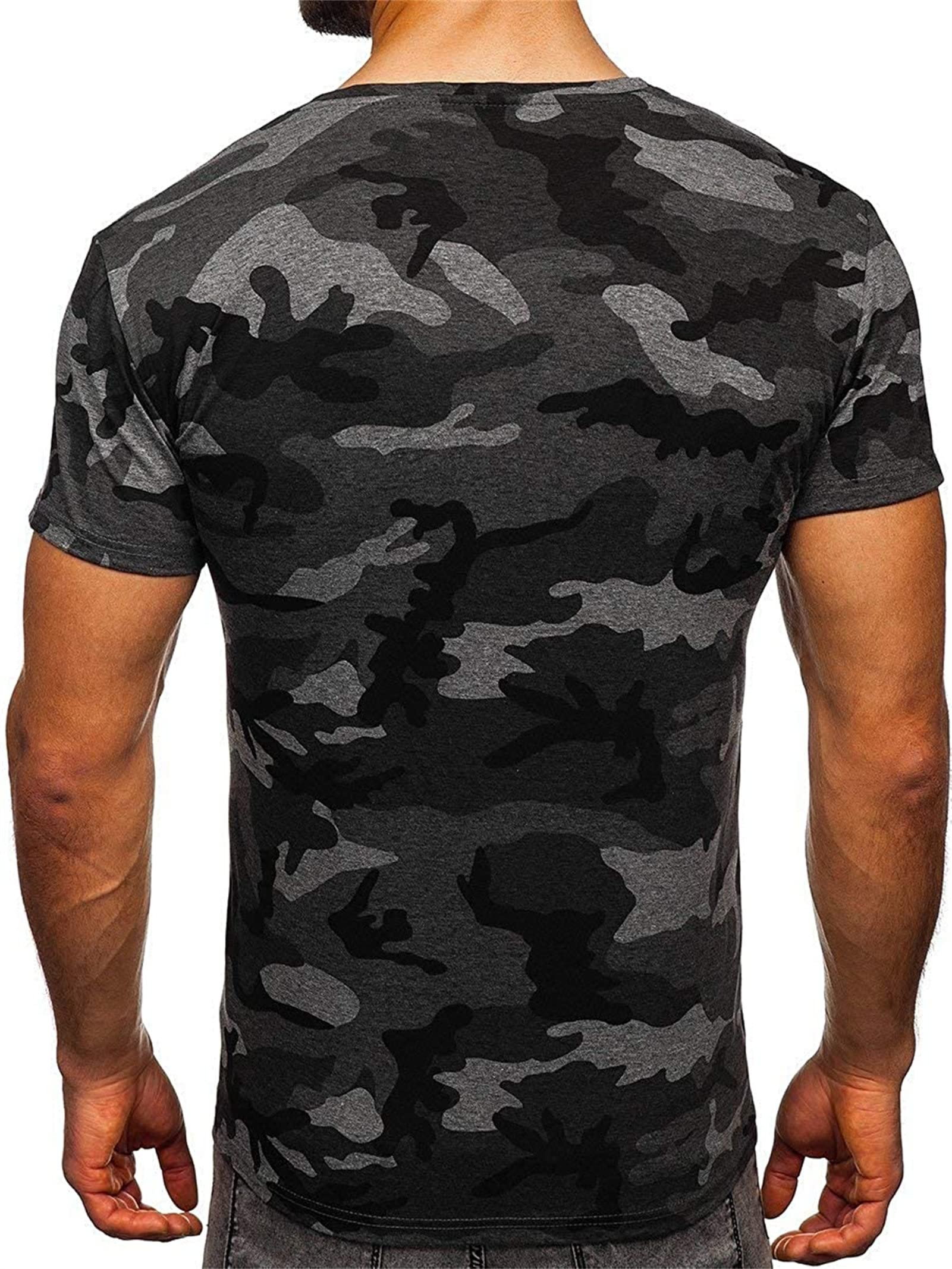 Men's Camo Crewneck Athletic T-Shirt Stretchy Camouflage Short Sleeve Shirt Tops Workout Military Pullover Tees (Dark Grey,3X-Large)