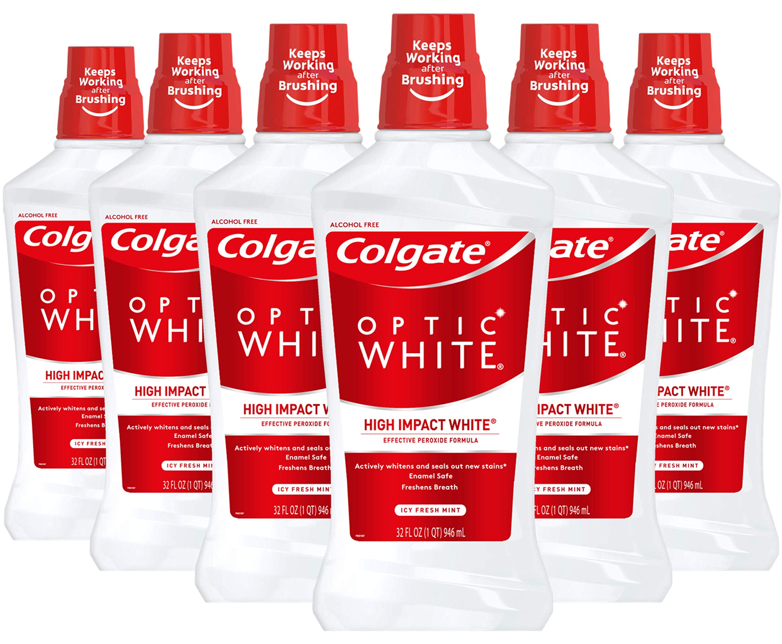 ColgateOptic White Whitening Mouthwash with Hydrogen Peroxide, Alcohol Free, Icy Fresh Mint - 32 fluid ounces (6 Pack)