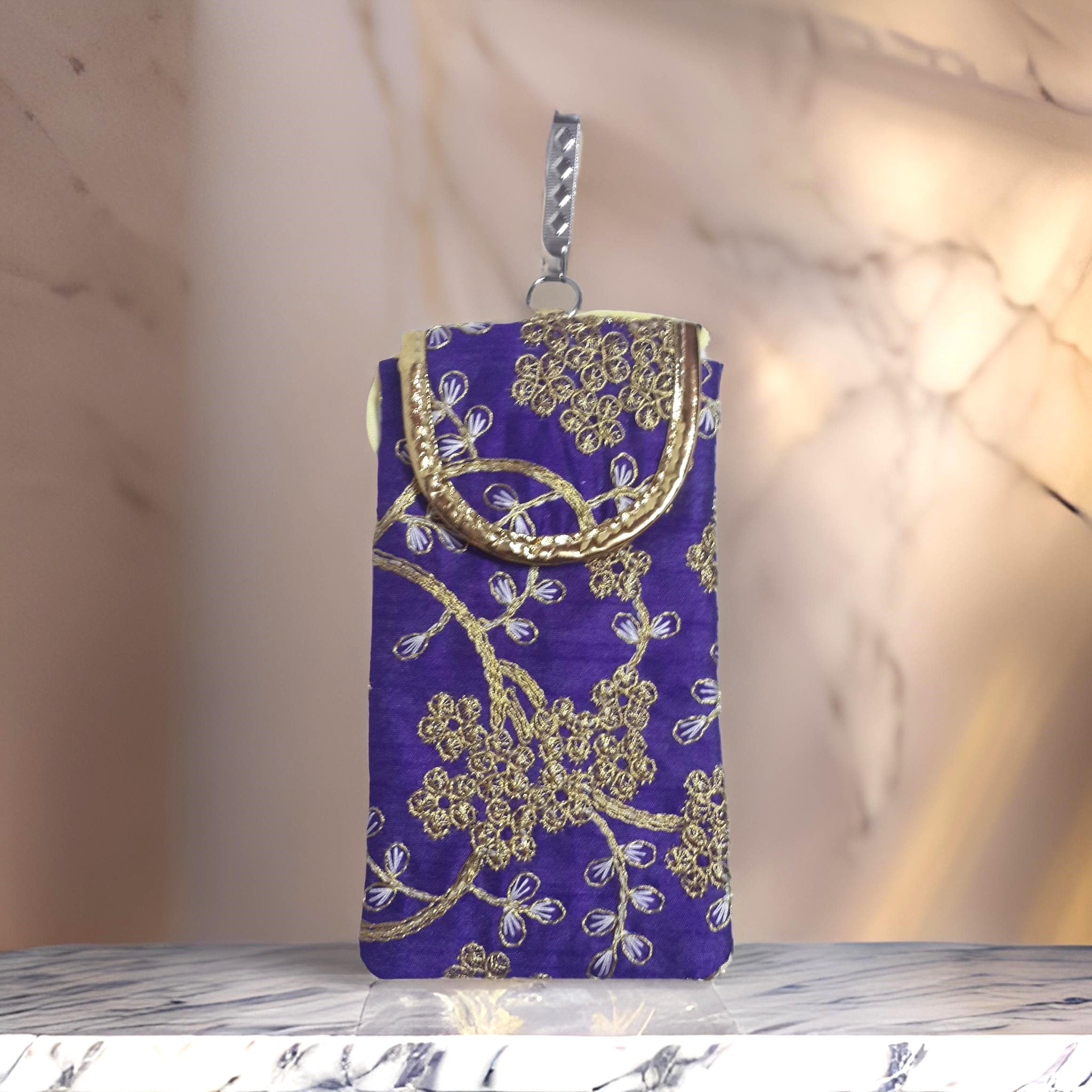 SUMERA WARQ Fancy Embroidered Mobile Pouch Cover for Women Designer Multicolor Handmade Ethnic with Sling & Clip (Purple) 3