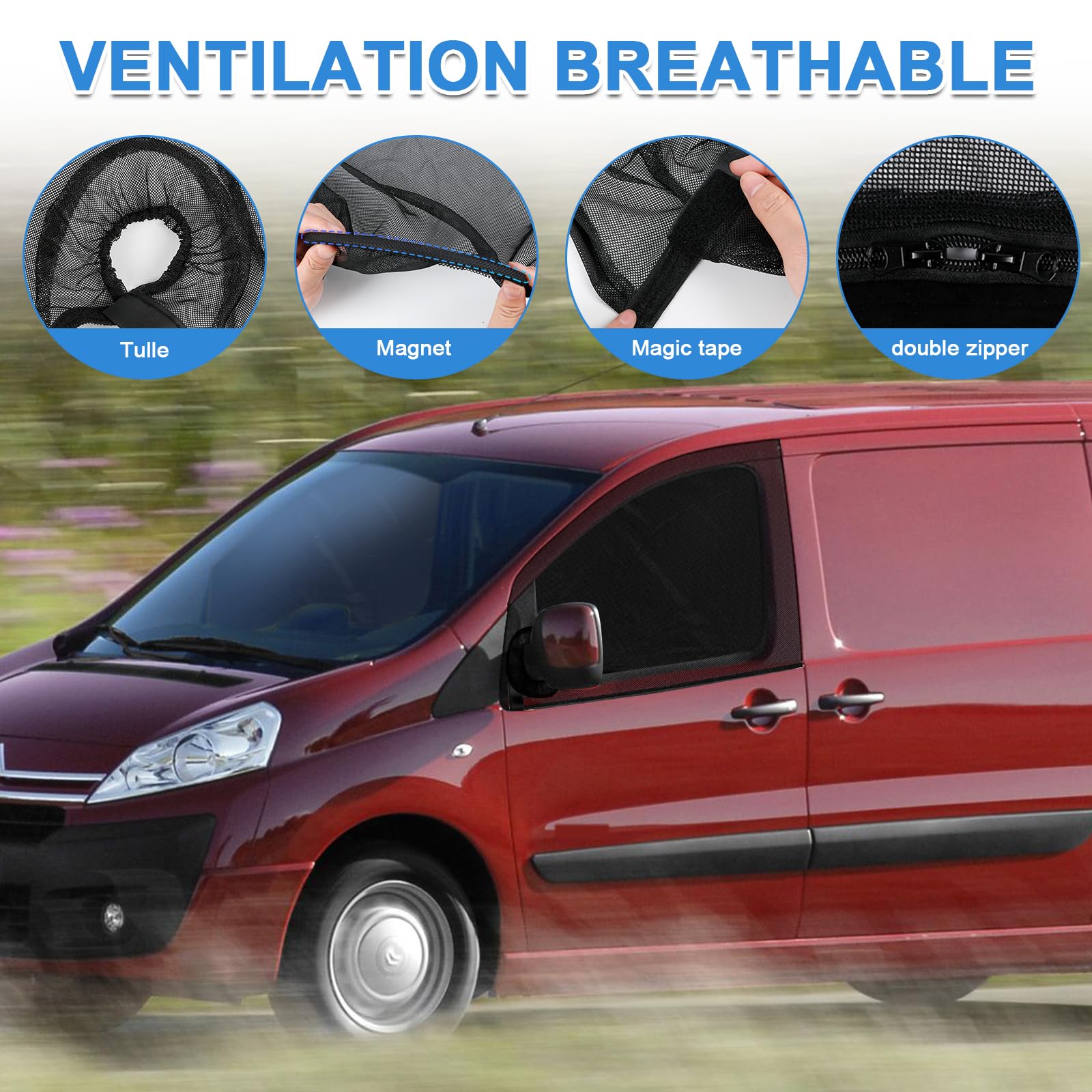 Calandre de Protection Insectes Remplacement pour Citroen Jumpy/Peugeot Expert/Toyota Proace/F-iat Scudo1994-2025, Moustiquaires Nets Respirants pour Fenêtre Latérale avec Chiffon confidentialité