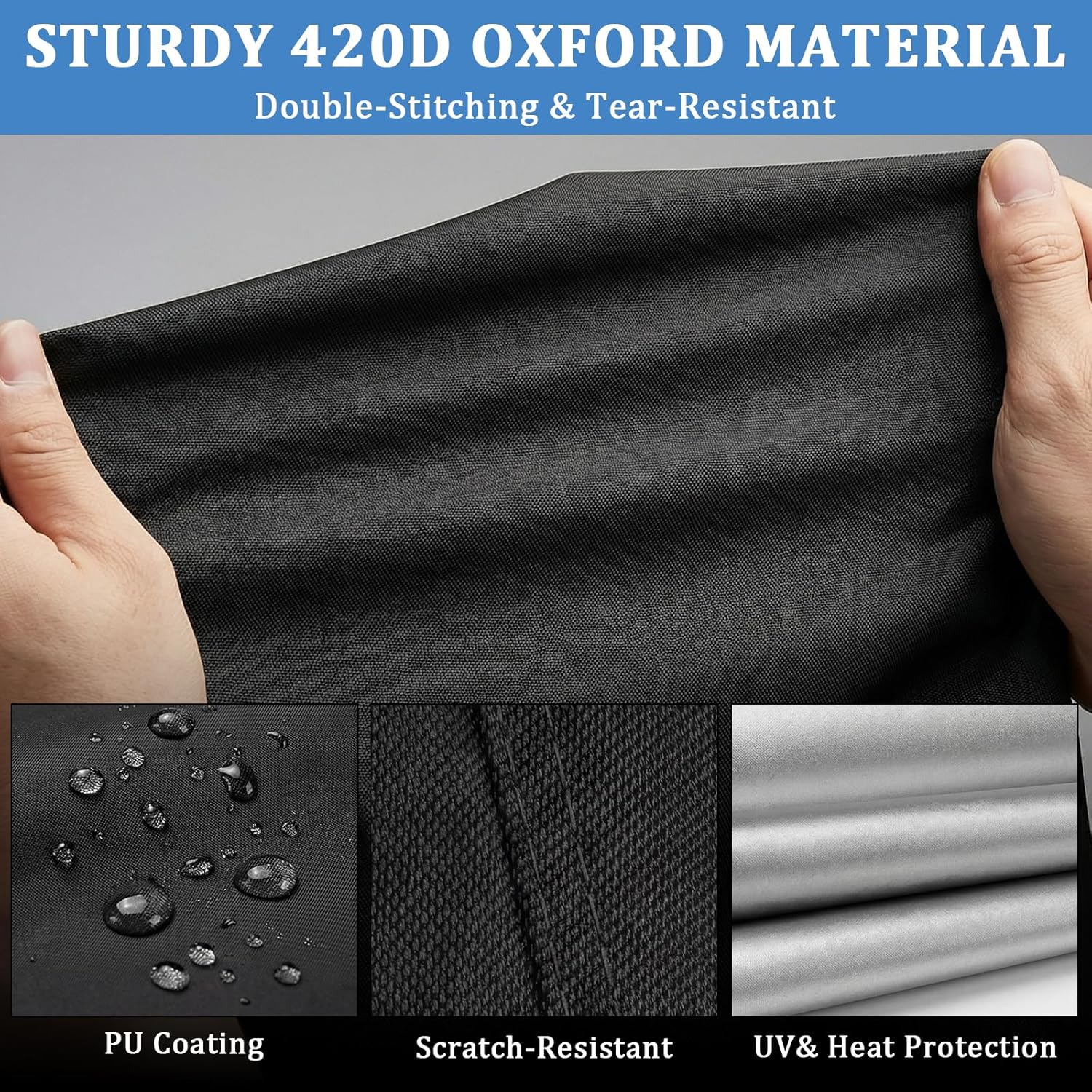 Motorcycle Cover 420D Heavy Duty | All Season Waterproof Outdoor Weather Sun Rain Protection Powersports Vehicle Cover | with 4 Reflective Tape, Lock-Holes, Storage Bag fits up to 96.5"