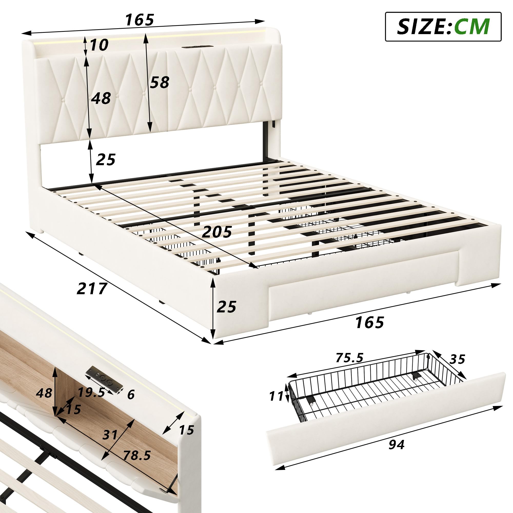 Letto imbottito 160 x 200 cm con LED, letto matrimoniale con 3 cassetti e rete a doghe, testiera con vano portaoggetti e funzione di ricarica USB, letto funzionale per ragazzi, in velluto
