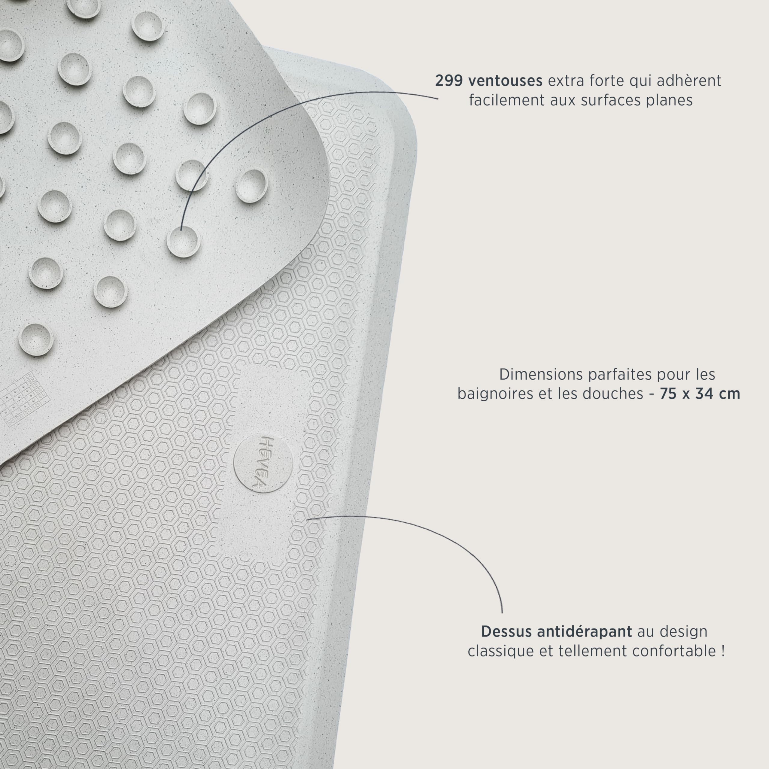 Hevea Tapis de Bain Grand en Caoutchouc Naturel - Conception Scandinave Écologique - Tapis de Baignoire Antidérapant, 299 Ventouses - Sûr et Convivial pour Tous Les Âges (Granite)