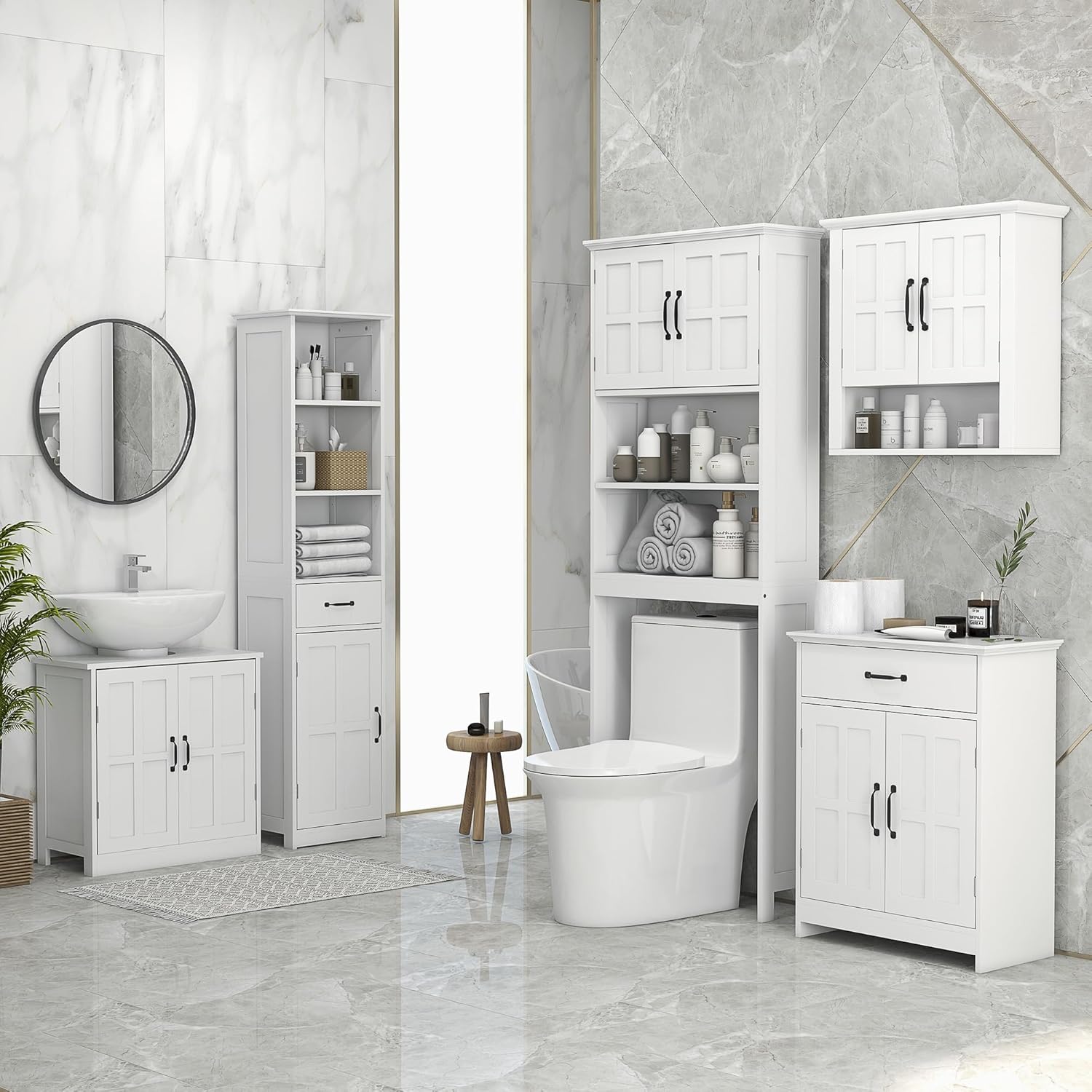 kleankin Freestanding Bathroom Cabinet, Farmhouse Small Storage Cabinet with Storage Drawer, 2 Doors, Narrow Floor Cabinet with Adjustable Shelf, White