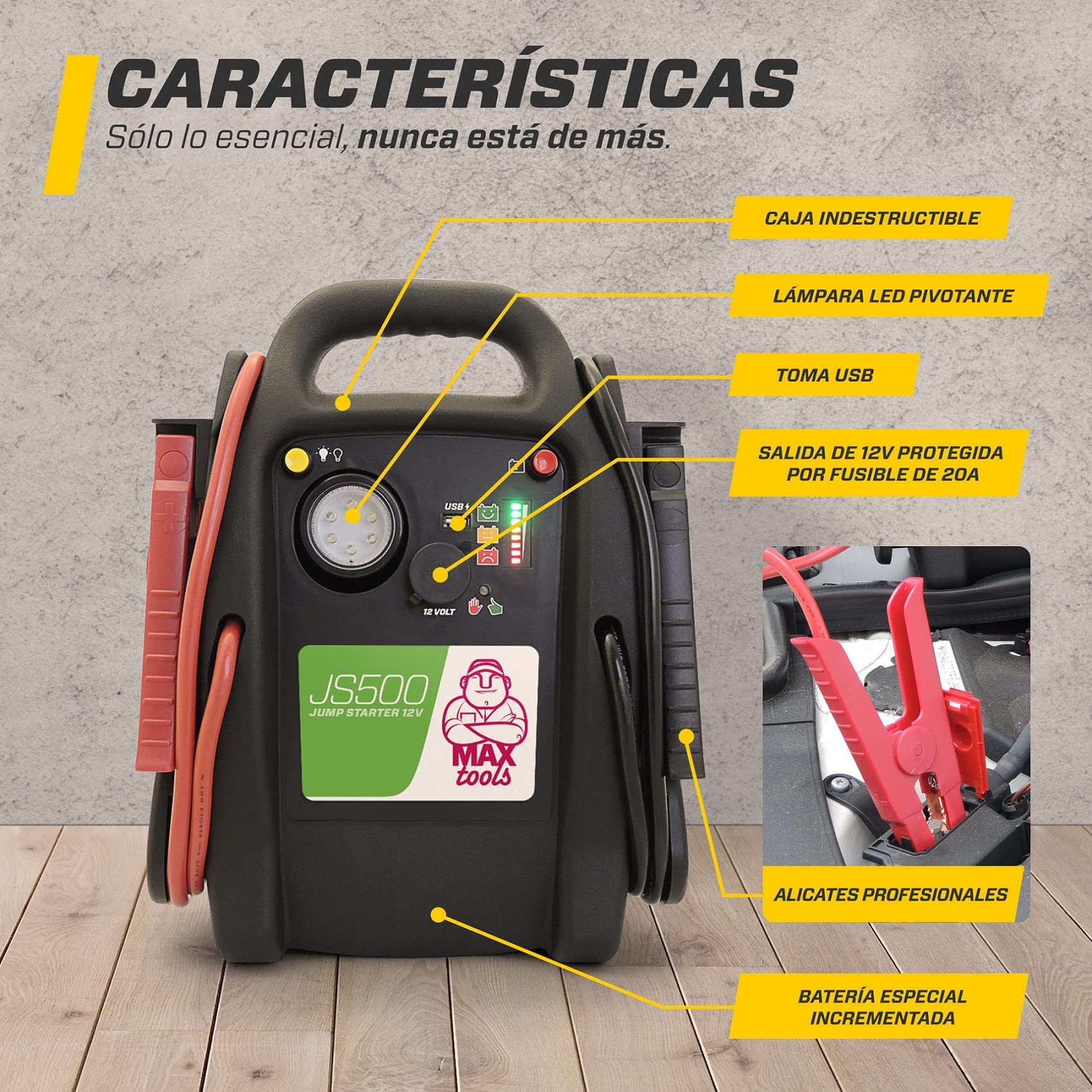 MAXTOOLS JS500 2200 A 22 Ah, arrancador de emergencia para coches y furgonetas, motores diésel y gasolina de 12 V, arrancador, con linterna LED, puerto USB y cables de conexión