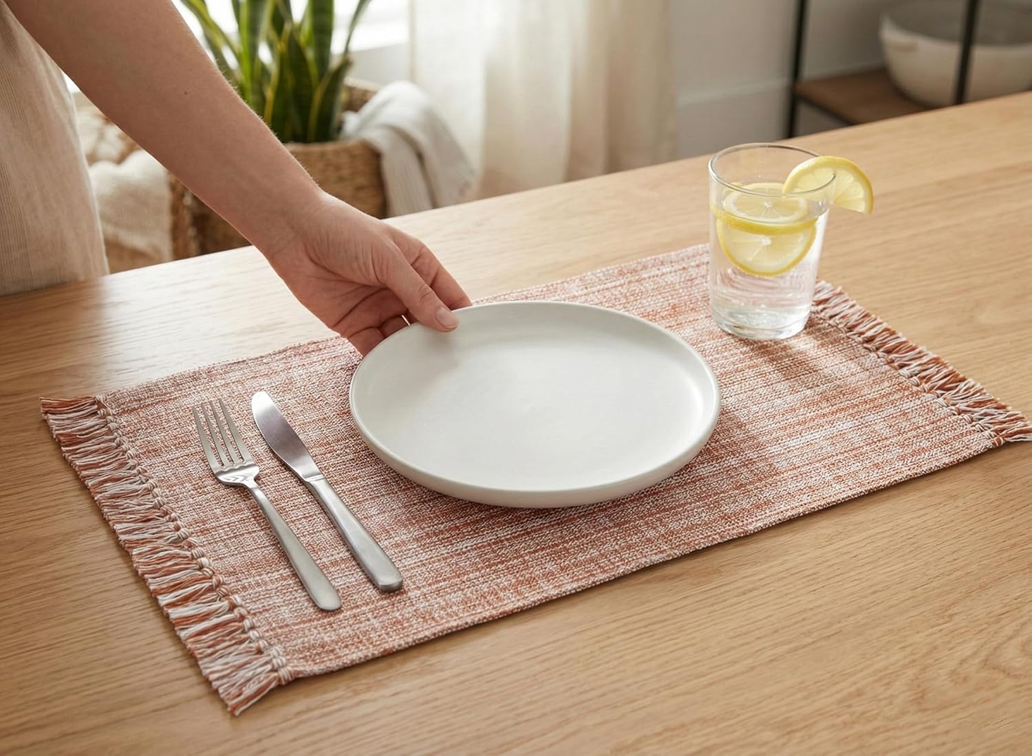 PurpleEssences Chambray Placemats with Fringes - 100% Cotton, Set of 4, 13x19 Inch, Thick Durable Table Mats for Dining, Kitchen, or Casual Farmhouse Tabletop Décor - Rust and H.White