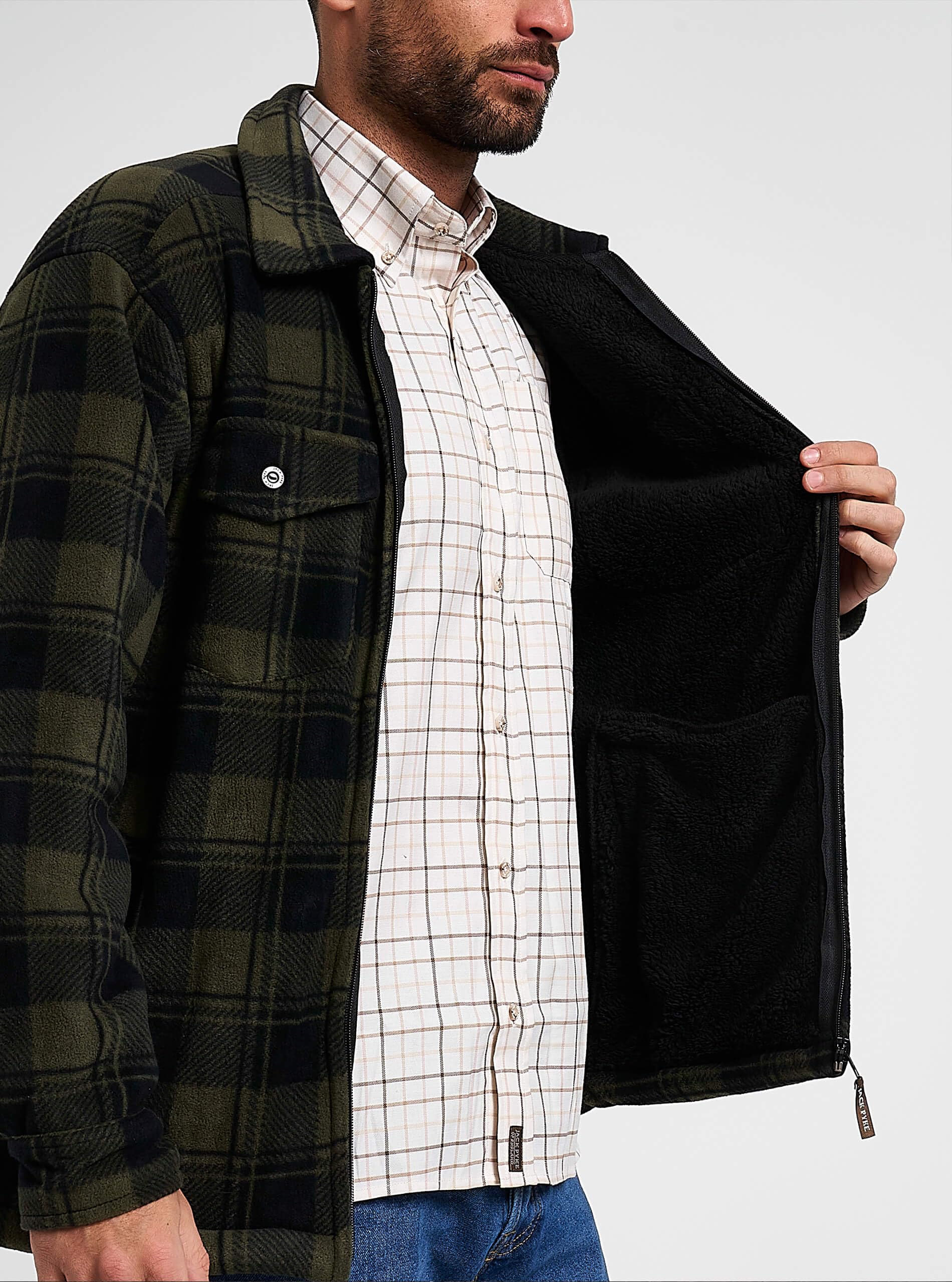 JACK PYKE Camicia tundra da uomo – Camicia a maniche lunghe in flanella a quadri con cerniera e fodera in pile, colletto rovesciato, multi tasche, polsini con bottoni per tiro o abbigliamento casual