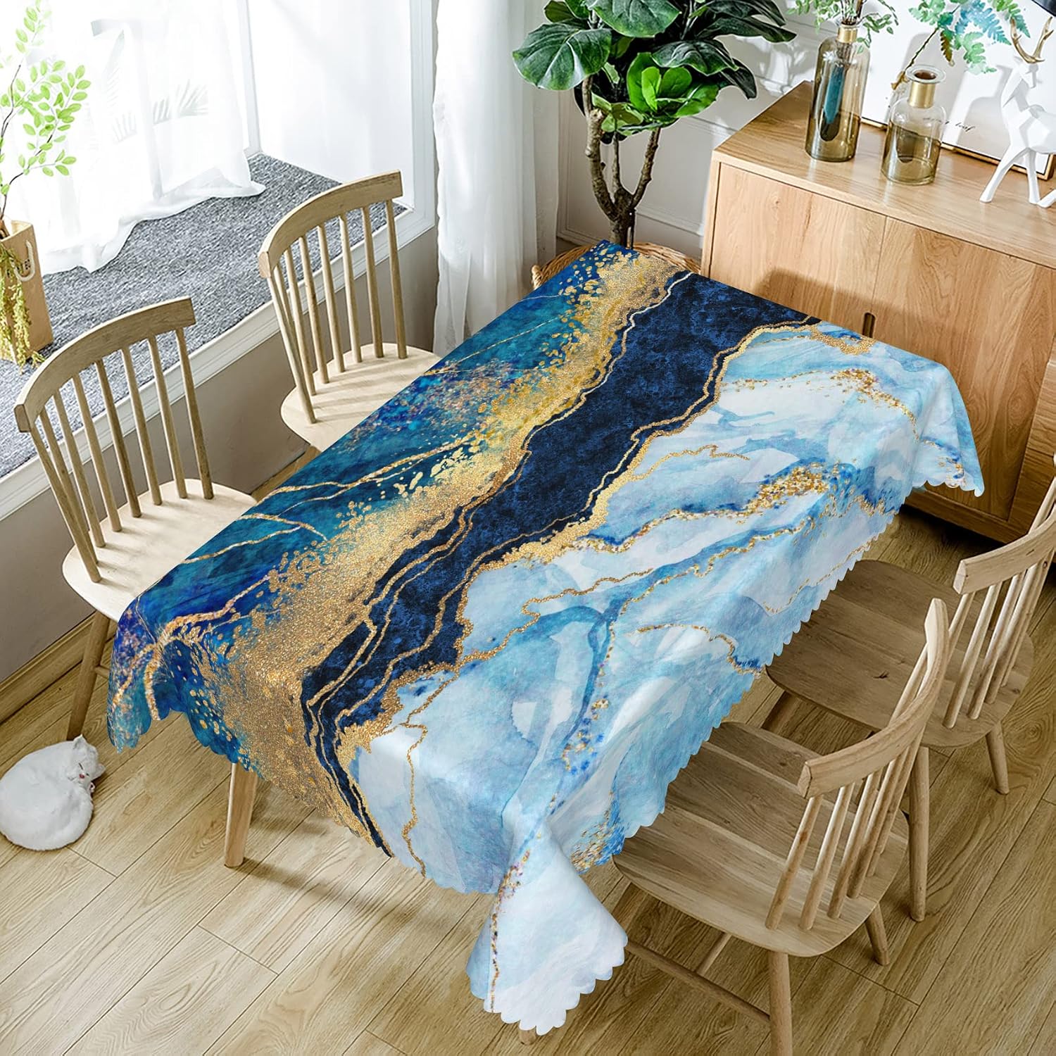 Blue Marble Rectangle Tablecloth 54x108 Inch Luxury Royal Blue Golden Marbling Texture Fabric Table Cloth Polyester Anti-Wrinkle Reusable Table Cover for Garden Picnic Dining Room Party Decor image 5