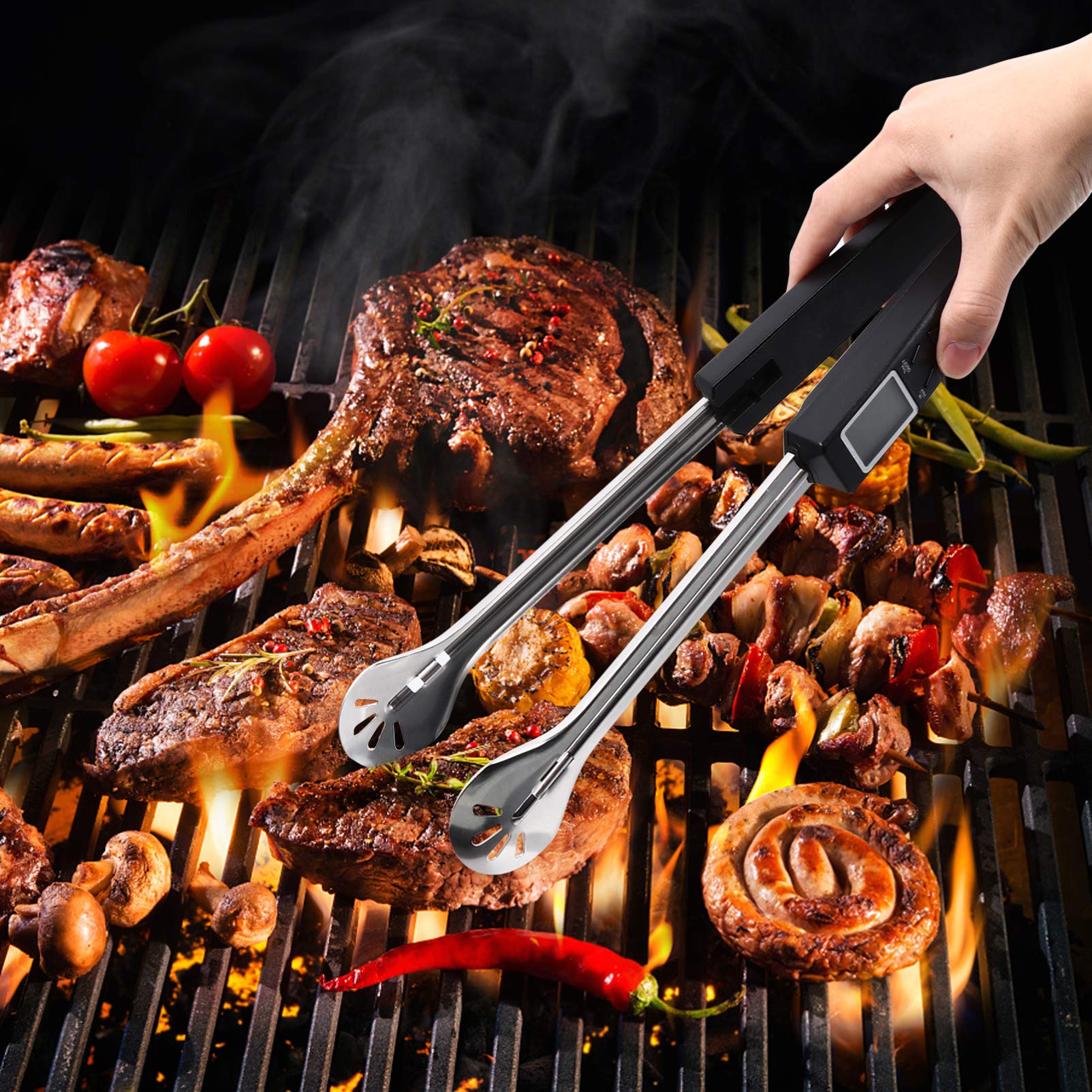 VALICLUD Multifunktionale Grillzange mit Thermometer für Bbq und Steak Präziser Edelstahl Sensor Hitzebeständig Inklusive 2 Stück Aaa Batterien