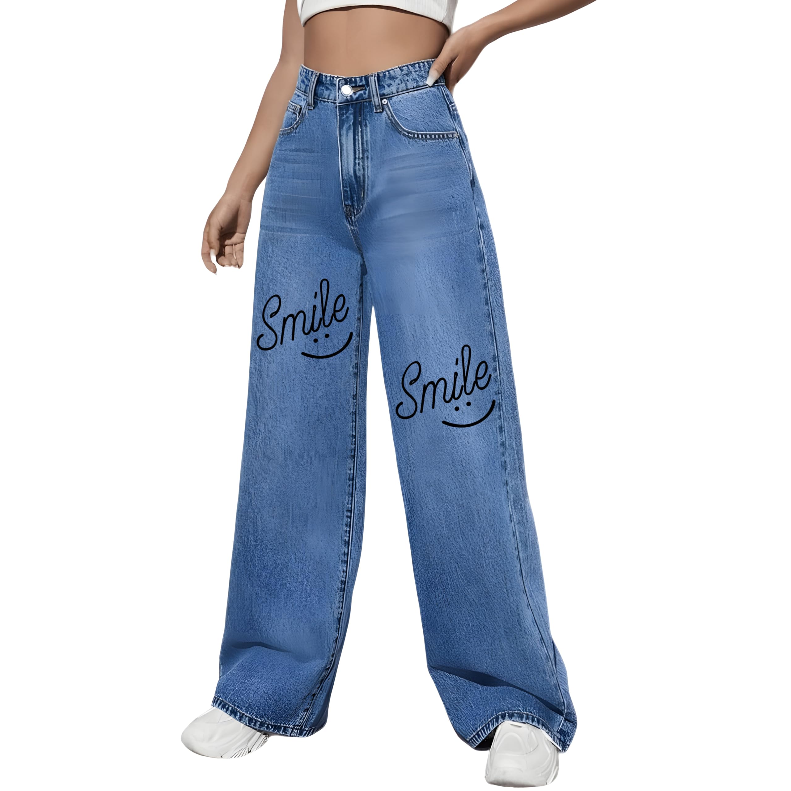 Women's Casual Loose High Waist Smile Printed Denim Jeans Straight Wide Leg Jeans