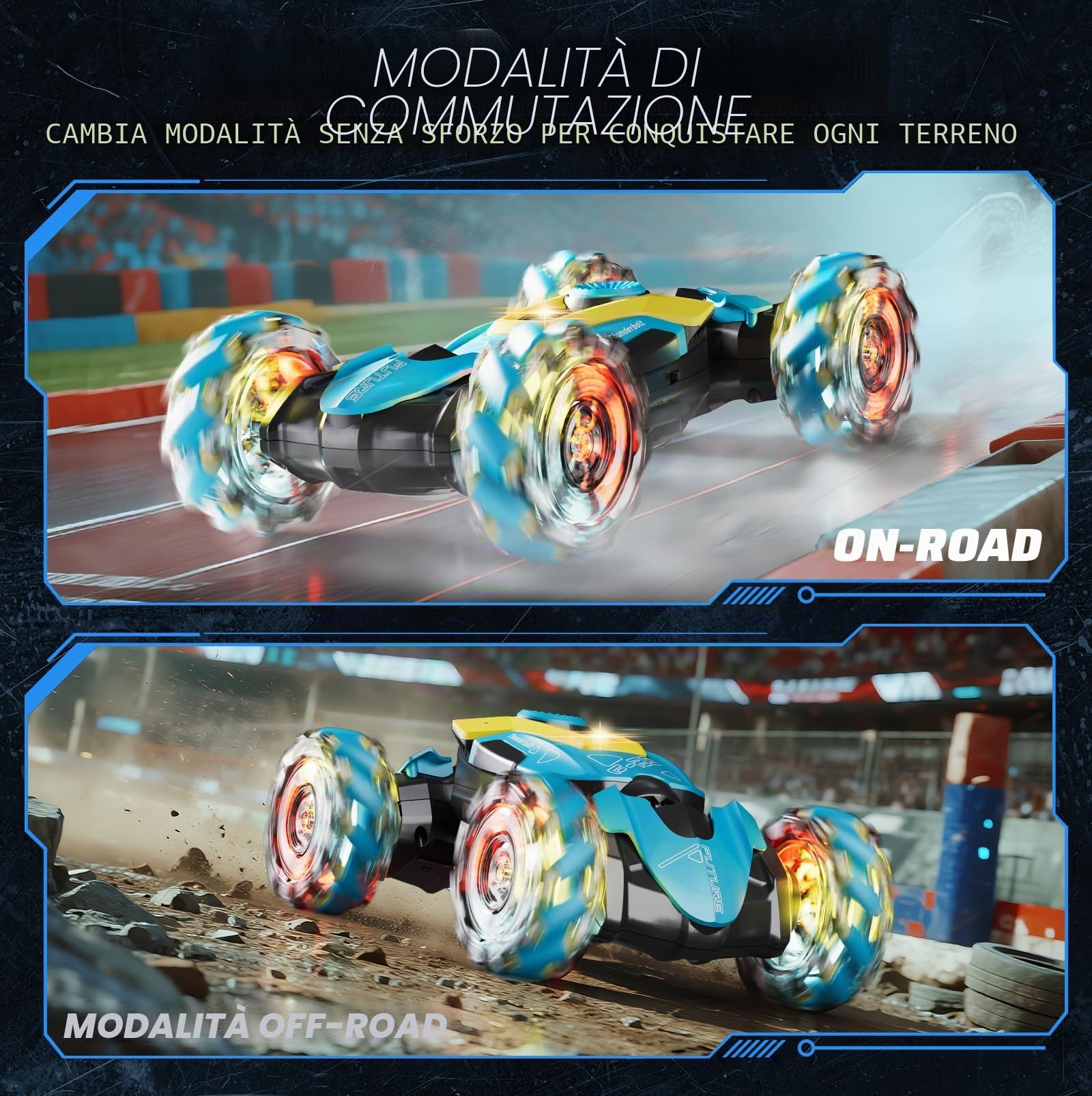 4DRC RC Macchina Acrobatica per Ragazzi 6-12, 2.4GHz 4WD con Sensore Gesti, Funzione Torsione, Luci, Spray, Musica, Rot. 360°, 2 Batt. Ricaricabili — Off-Road, Regalo Ragazzi & Ragazze