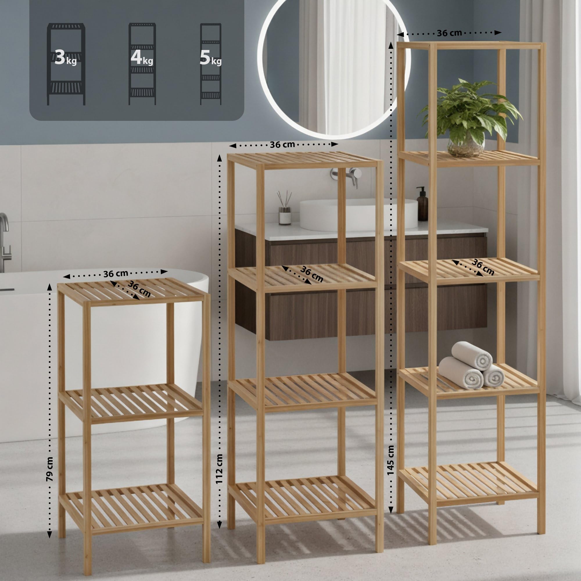 CLP Mensola bagno in bambù Zinnien, scaffale stretto, stabile e resistente, portata 10 kg per ripiano, Dimensione:M