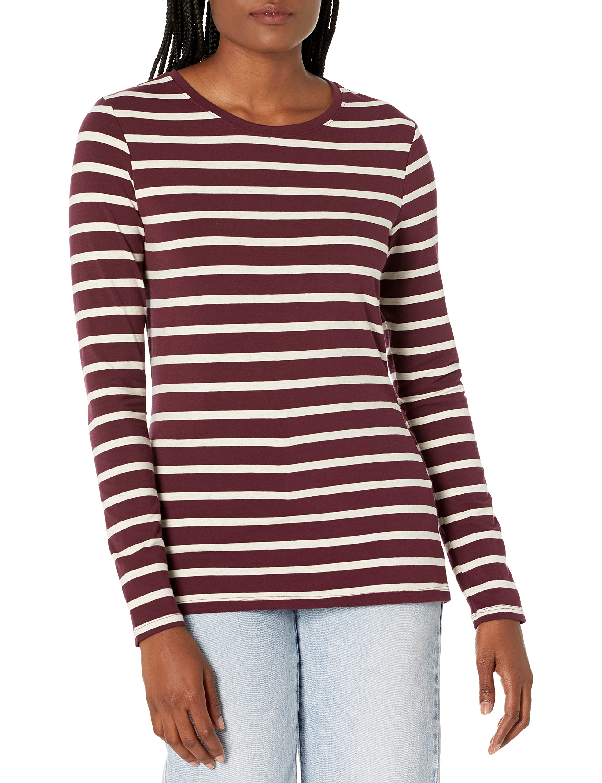 Photo 1 of Amazon Essentials Women's Classic-Fit Long-Sleeve Crewneck T-Shirt (Available in Plus Size) X-Large Burgundy/Oatmeal Heather, Stripe