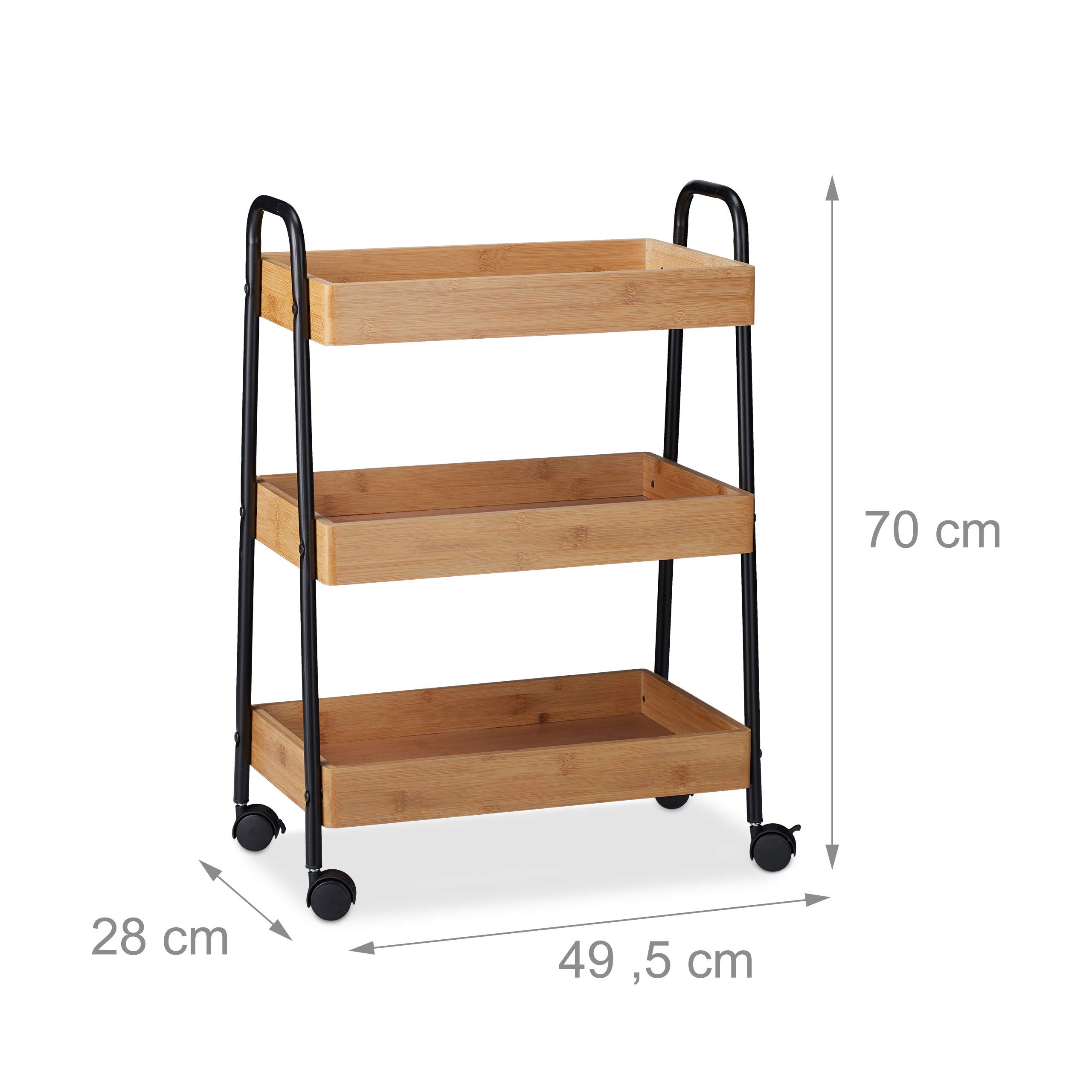 Relaxdays Servierwagen Bambus, 3 Ablagen, 360° drehbare Rollen, mit Griffen, Stahlgestell, HBT 70x49x28cm, Natur/schwarz