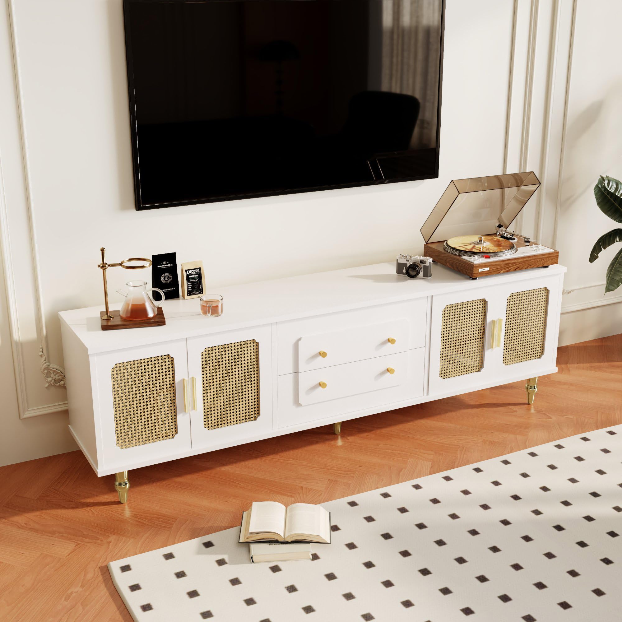 Mueble de TV de estilo retro con 6 compartimentos de almacenamiento, asas doradas, puerta de ratán y patas de metal, aparador de TV para salón (blanco, 175 x 38 x 55,5 cm)