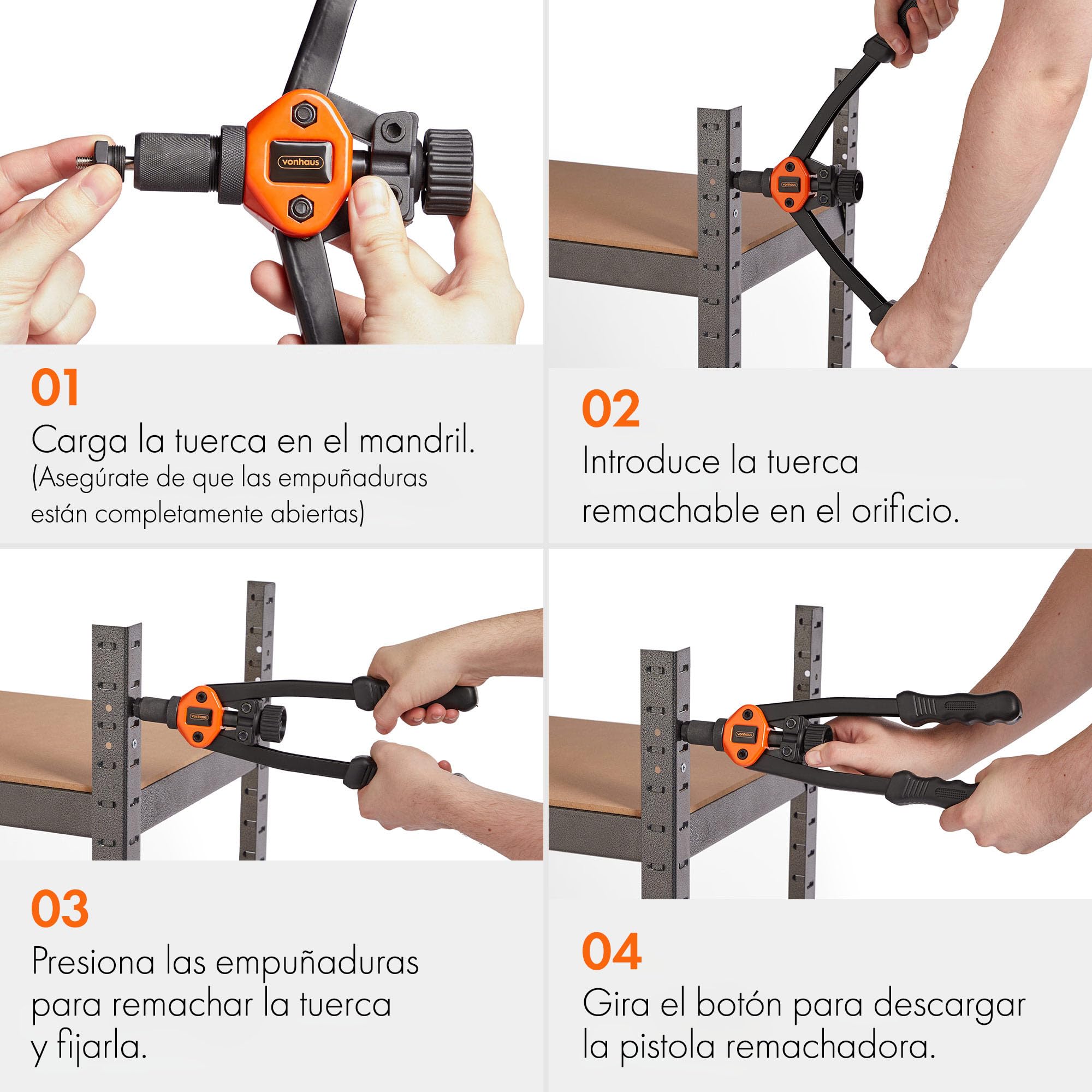 VonHaus Set de Remachadora Manual – Tenaza Remachadora de Tuercas y Pistola con 7 Mandriles M3 M4 M5 M6 M8 M10 M12 y 150 Tuercas Remachables Surtidas – Con Maletín de Transporte