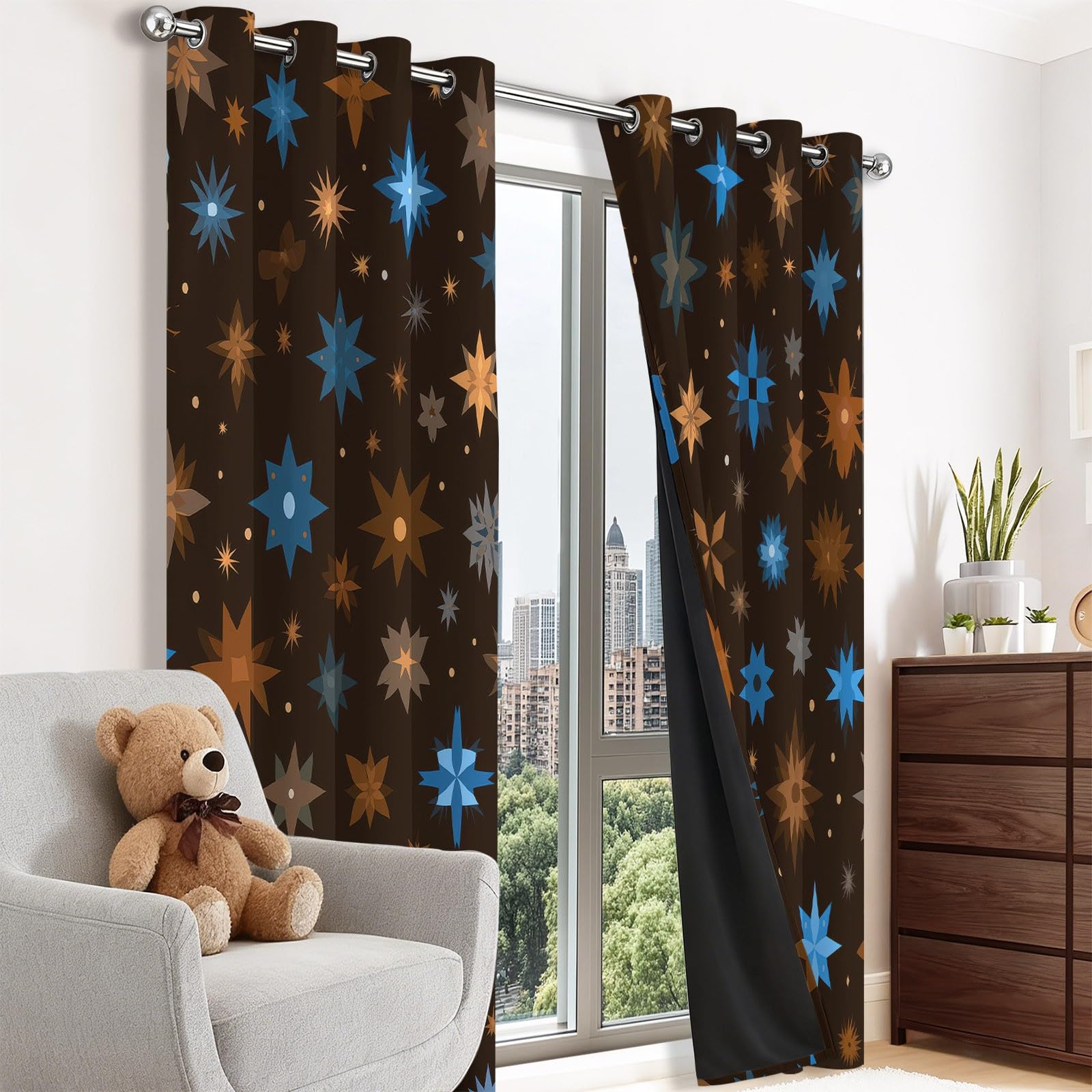 Abstrakt Blickdicht Vorhänge Dunkelbraun, Wärmeisoliert UV-Schutz vorhänge mit Sterne Schneeflocken Muster, Verdunklungsvorhänge mit ösen für Wohnzimmer Schlafzimmer Deko, H 175 x B 140 cm (2er Pack)