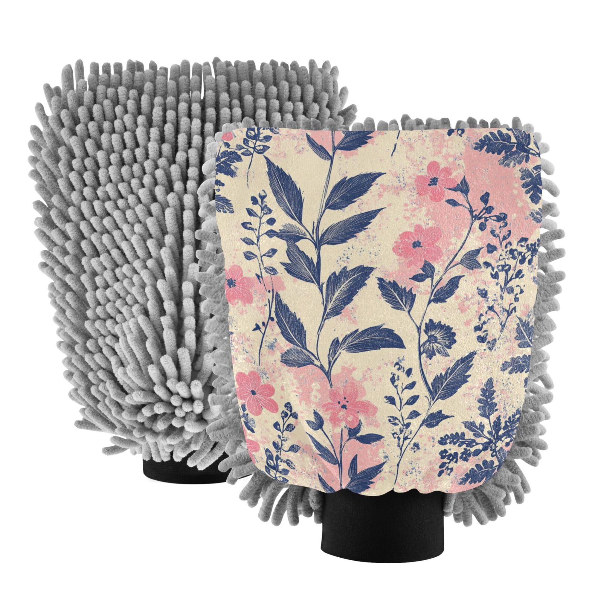 Flowers Orchid Lily Basil Blush Hand Mitt Car Wash Glove 2 Pack Washing Mitts Scratch-Free Cleaning Mitten for Hand Brush Cleaning