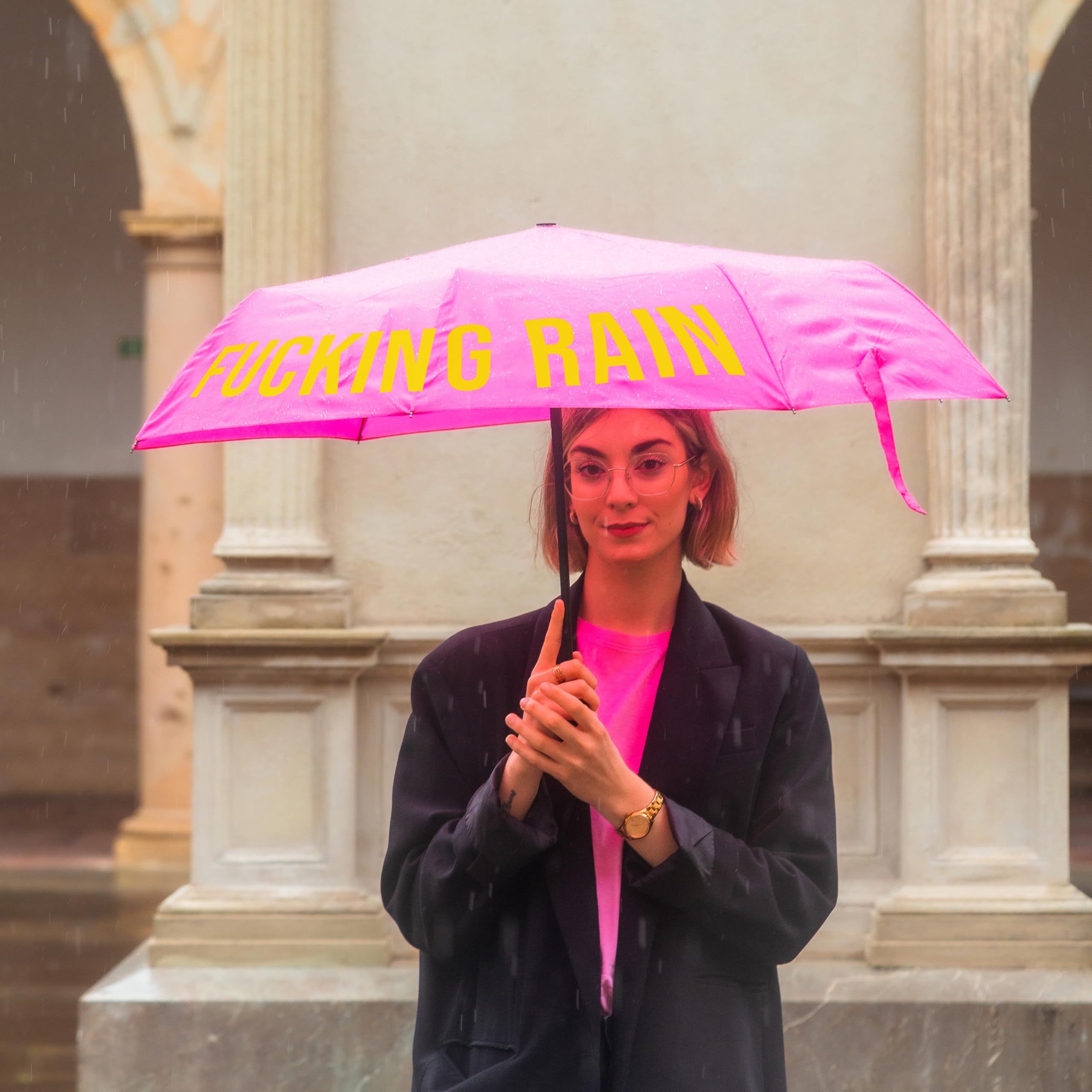 Fisura - Oryginalny składany parasol „f*cking rain”. Mini parasolka różowo-żółta. Mała parasolka damska. Automatyczny składany parasol. Parasol podróżny.