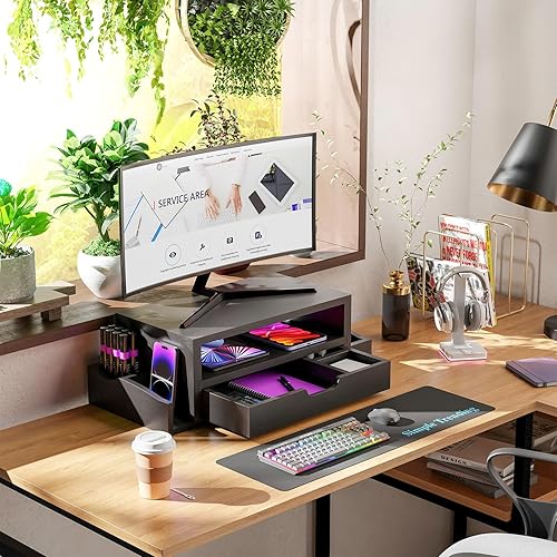 Miniatura 3 de Simple Trending Soporte para monitor y organizador de escritorio para computadora con cajón ajustable, madera..