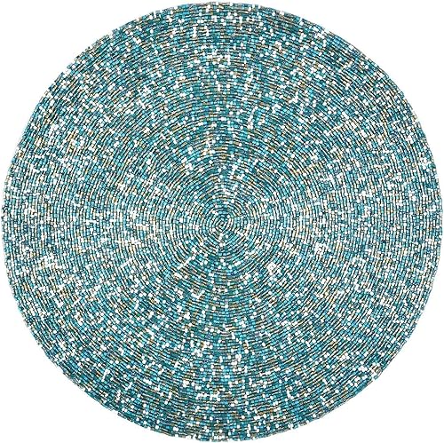 Trunkin' Juego de 2 manteles individuales bordados con cuentas de vidrio plateado verde azulado de 15 pulgadas Manteles individuales para Pascua o