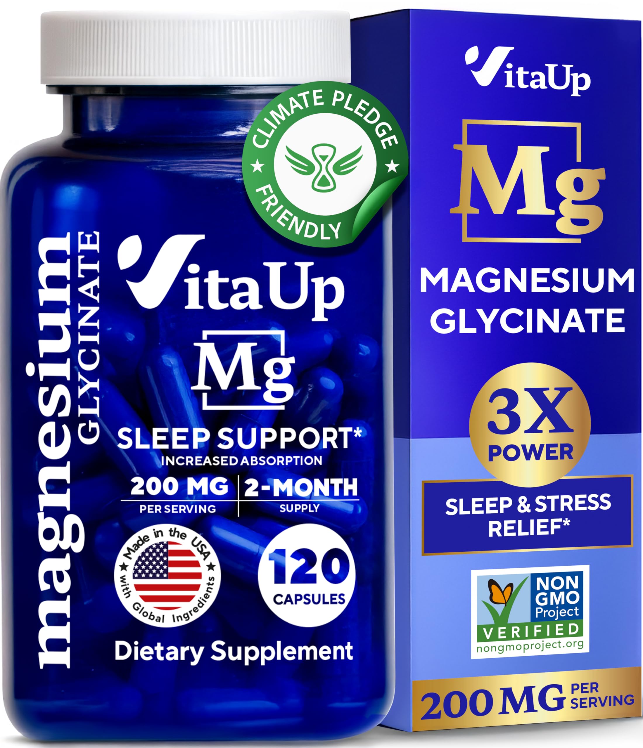 VitaUp Magnesium Glycinate 200mg - USA Made Magnesium Supplement for Sleep, Heart, Bones, Metabolism Support - High Absorption Magnesium Bisglycinate Capsules - 120 Vegan Chelated CapsulesVitaUp Magnesium Glycinate 200mg - USA Made Magn…