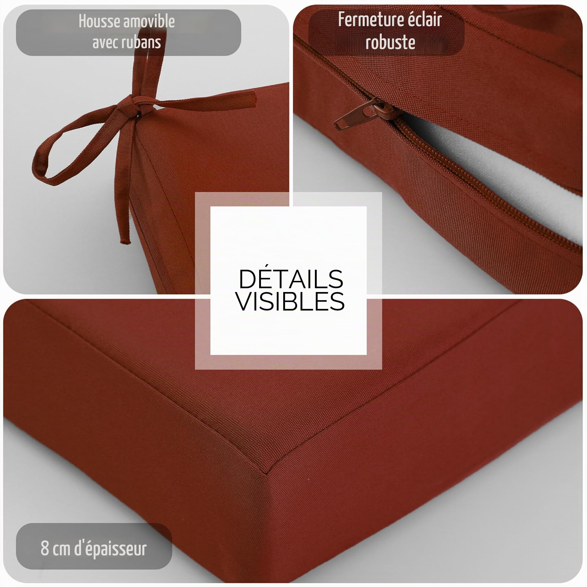 Lot de 2 coussins de chaise - 45 x 45 cm - En mousse imperméable - Pour l'extérieur, le jardin, la terrasse, la salle à manger - Rouge brique