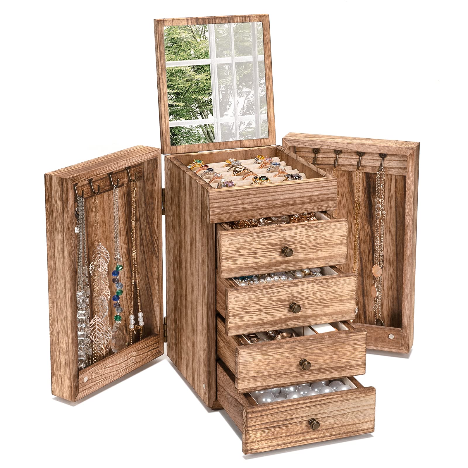Joyeros Mujer Organizador, Grande Organizador Joyas Madera con Espejo, Joyero Gran Capacidad con Cajón de 4 Capas, Joyero Mujer para Collares, Pendientes, Anillos, Pulseras (Marrón Rústico)