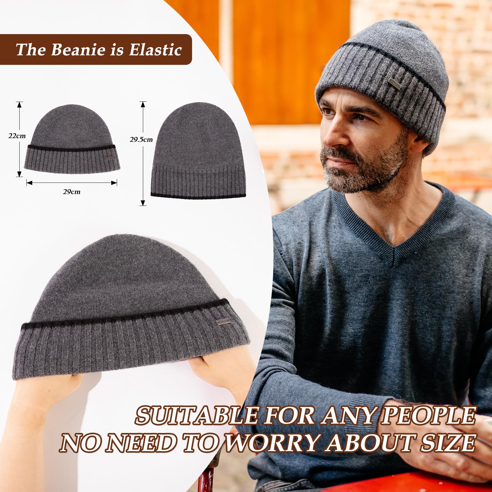 TOP-EX XL/XXL 50%-100% Merinowolle Beanies Mützen Herren Fleece gefüttert Strickmütze Warme Wintermützen Bündchen Beanie