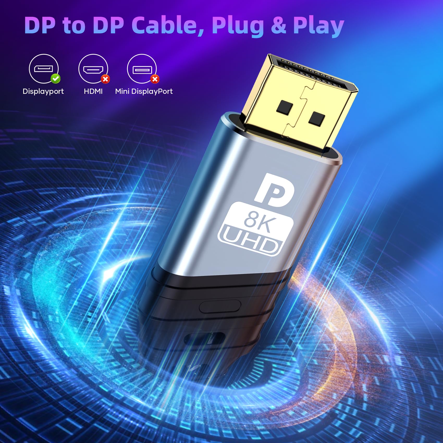Cable Displayport 1.4 2M - 8K Cable DP 8K@60Hz, 4K@165Hz,2K@240Hz/165Hz/144Hz, HBR3 32.4Gbps, HDR, DSC 1.2, HDCP 2.2, G-Sync&FreeSync, Compatible con PC Monitor Pantallas de Juego