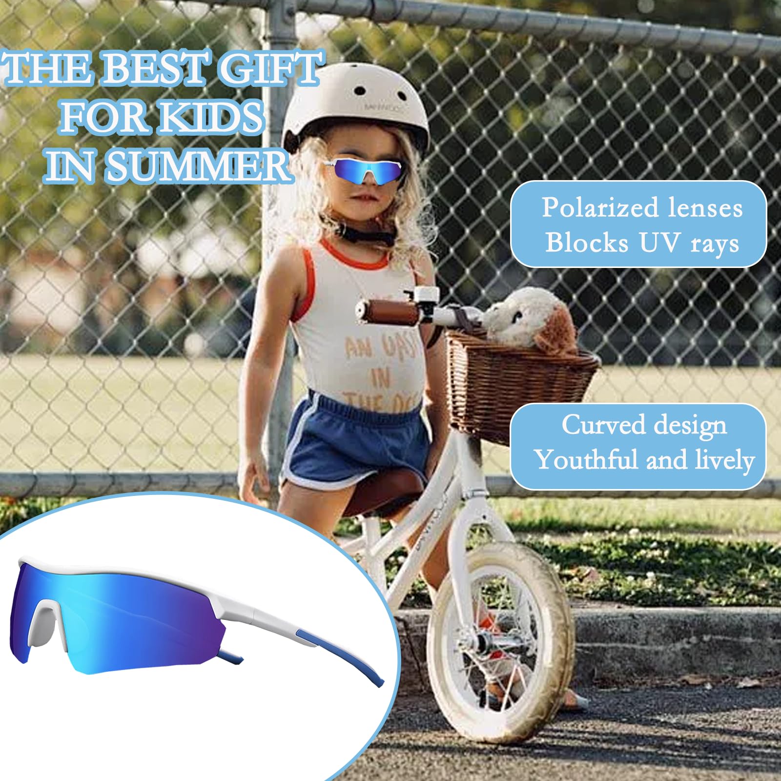 Okulary rowerowe dla dzieci ochrona UV400 dziecięce okulary przeciwsłoneczne z noskami, lekkie spolaryzowane sportowe okulary przeciwsłoneczne rama TR90, dziewczyna chłopiec od 5-16 lat