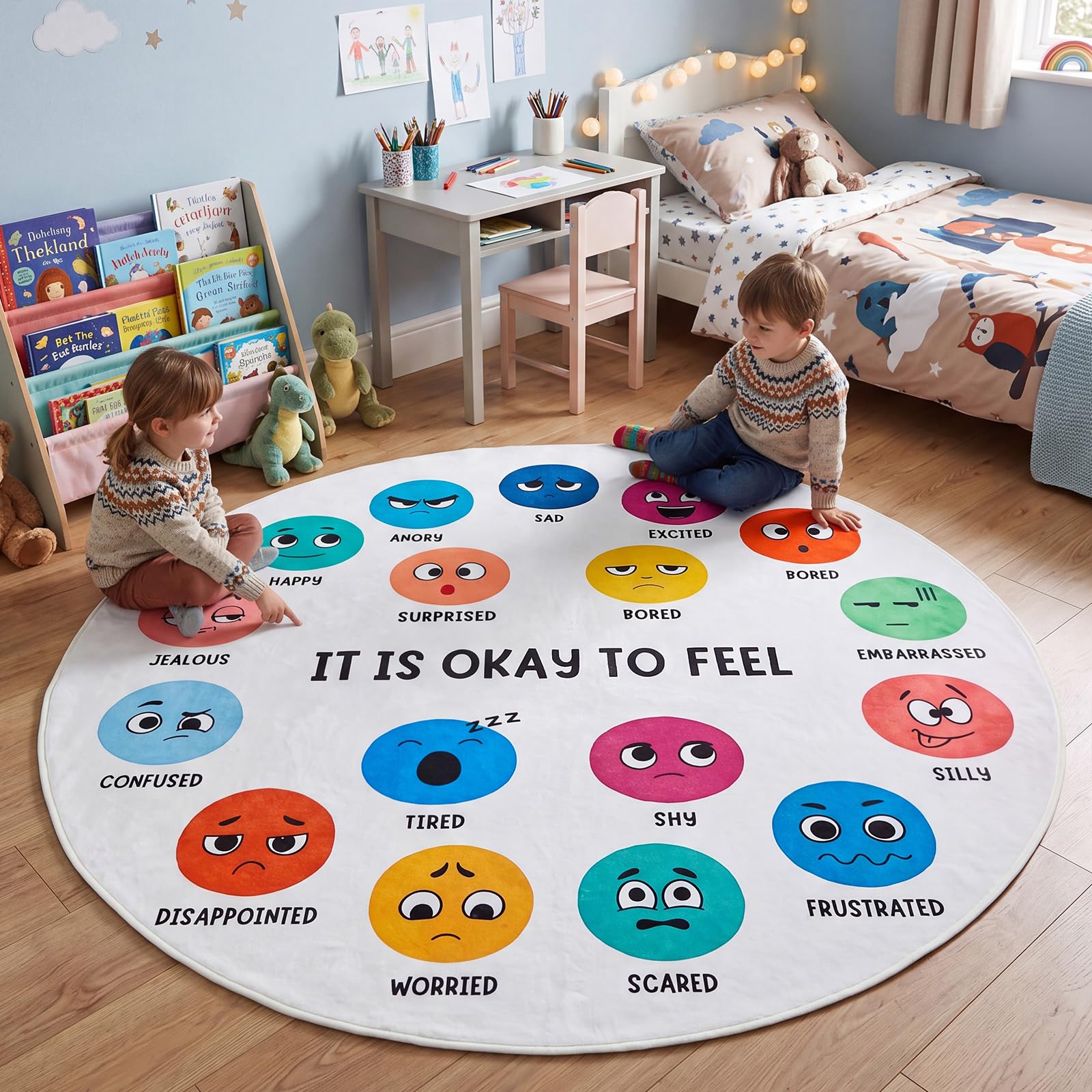 Photo 1 of 6 ft Round Circle Time Rug, Feelings Chart Classroom Mat for Group Learning