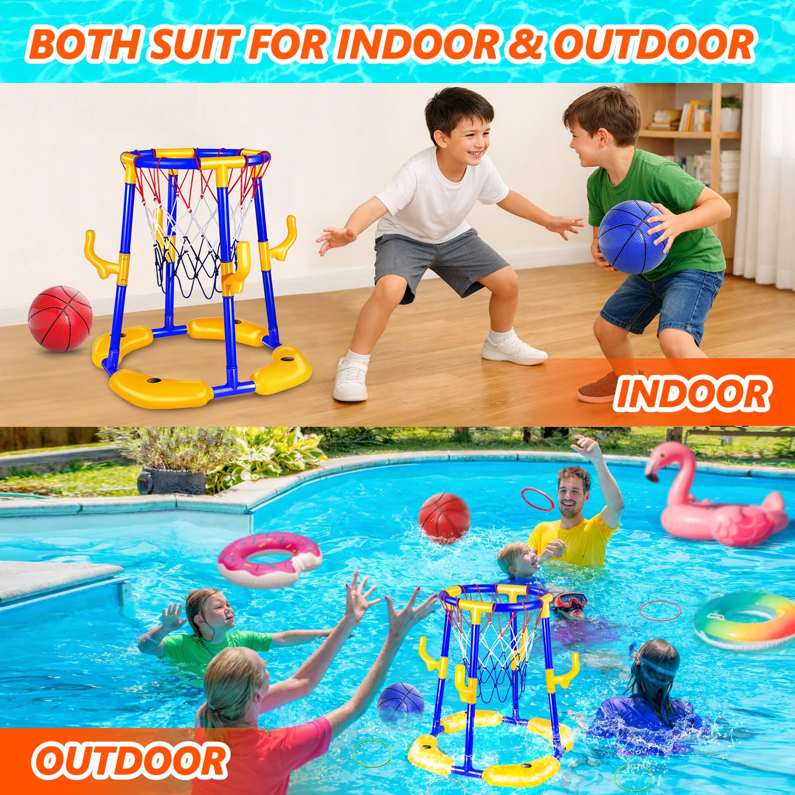 Set di canestro da basket per piscina Doviden _ Canestro da basket galleggiante per piscina con 4 palline da acqua, pompa e anelli, giocattolo da piscina 2-in-1 per adulti per adolescenti/bambini per