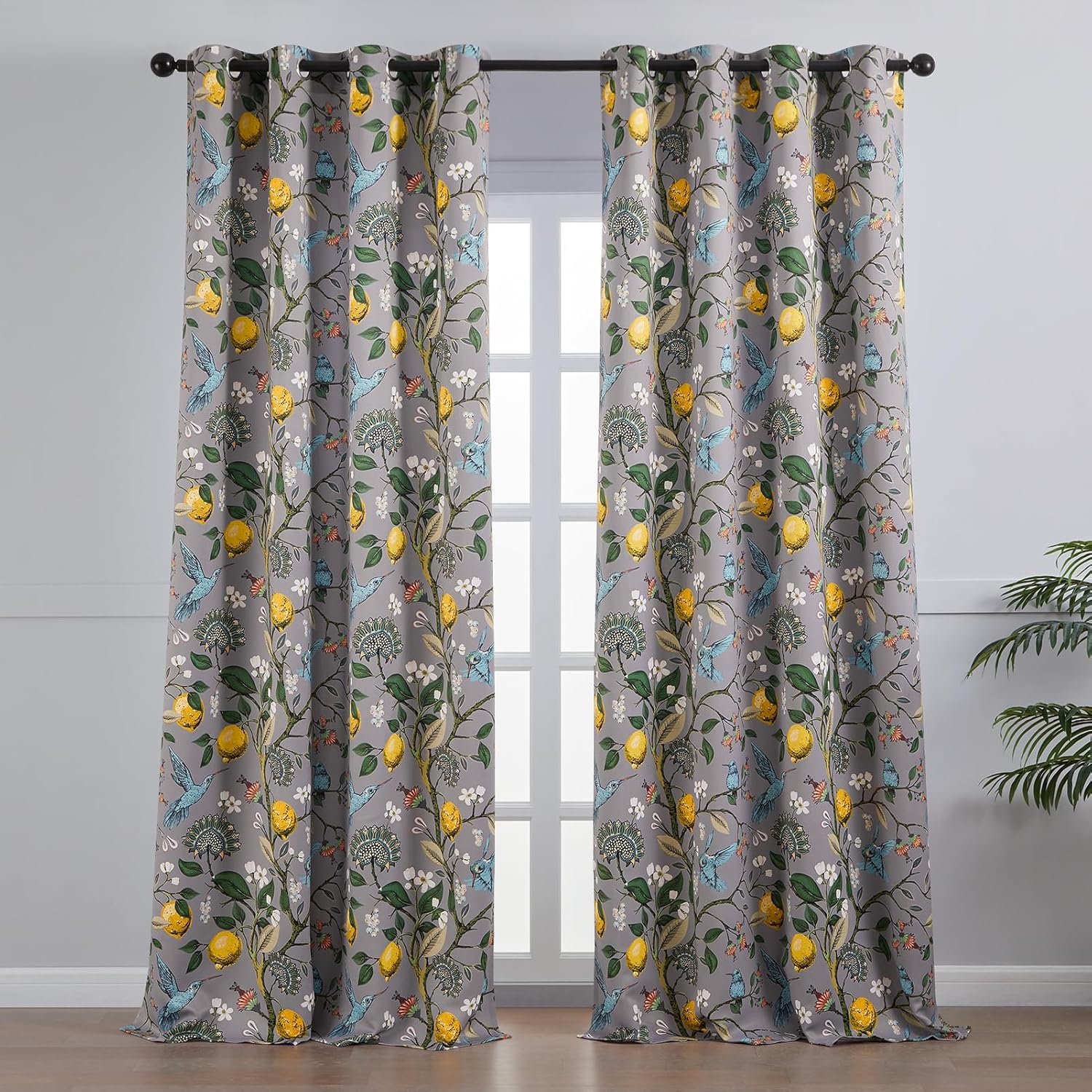 Topfinel Black Dark Floral Grey Blackout Curtains, Gray Decorative French Country Grommet Dark Academia Antique Decor Hummingbird Window Covering for Living Room Bedroom Dining,84 Inch Length