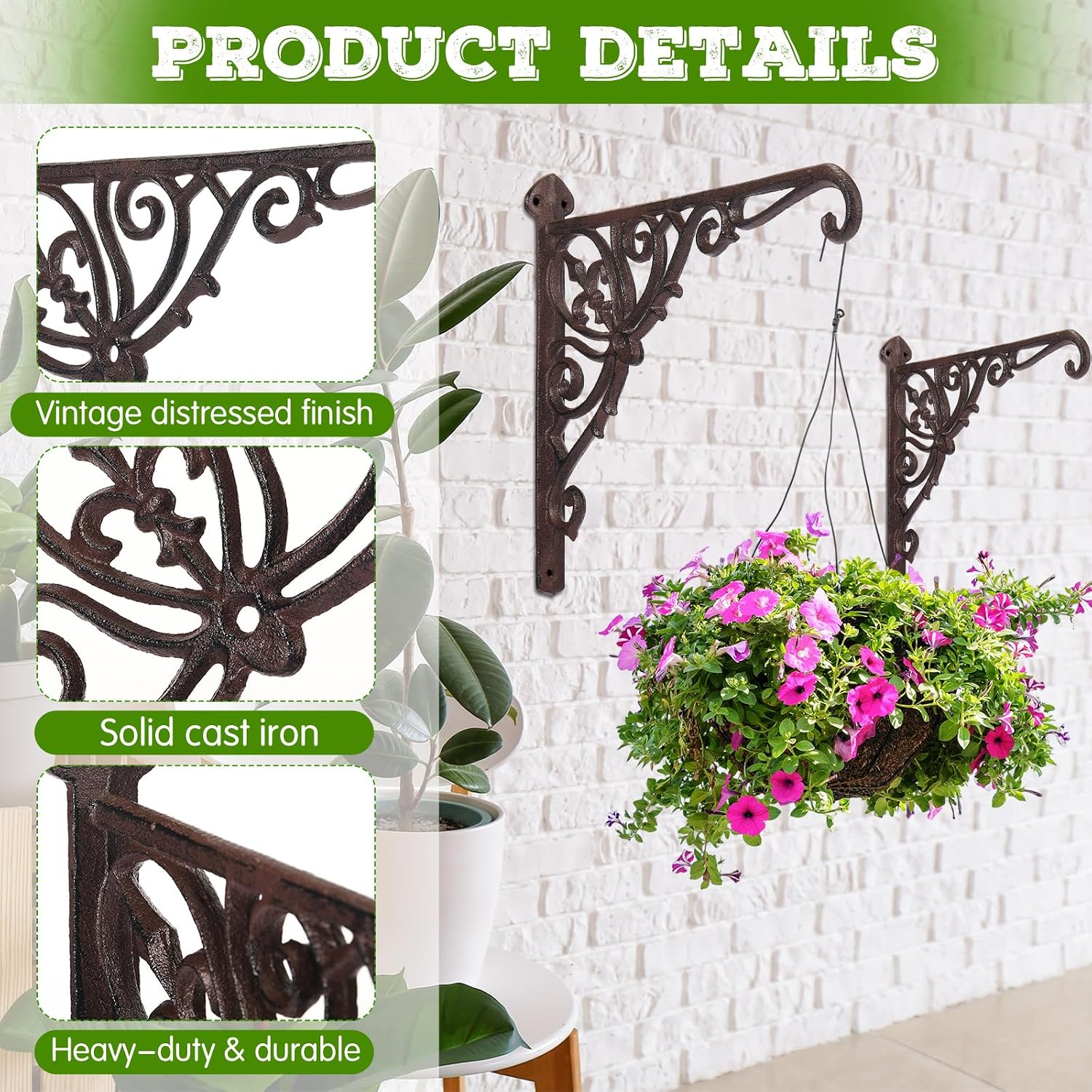 2 Pack Cast Iron Hanging Plant Bracket 12" Outdoor Wall Plant Hangers Hooks Heavy Duty Hanging Bracket Hooks Vintage Decorative Wall Hangers for Pots Bird Feeder Wind Chime (Brown,Classic)