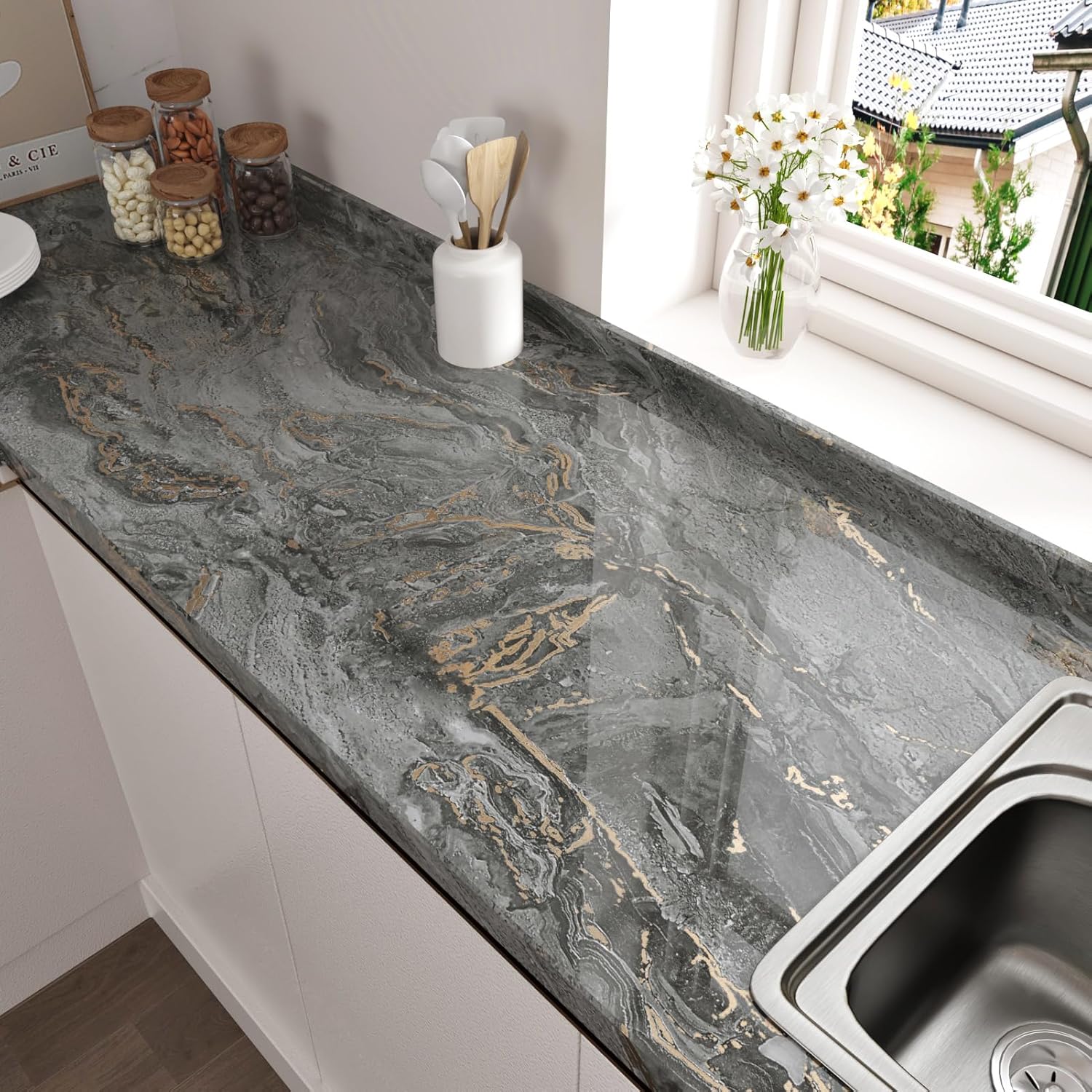 Wallercity Glossy Black/Gold Marble Contact Paper for Countertops Waterproof Gold Marble Wallpaper Peel and Stick Countertop Shiny Wall Paper for Kitchen Bathroom Vinyl Wrap for Cabinets 15.8''x78.7''