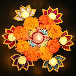 Bucherry 6 Pcs Diwali Lotus Decoration Lotus Flower Candle Holder with Candles Wood Flower Diwali Artificial Lotus Traditional Indian Decor for Diwali Puja Home Outdoor Party Decoration(Colorful)