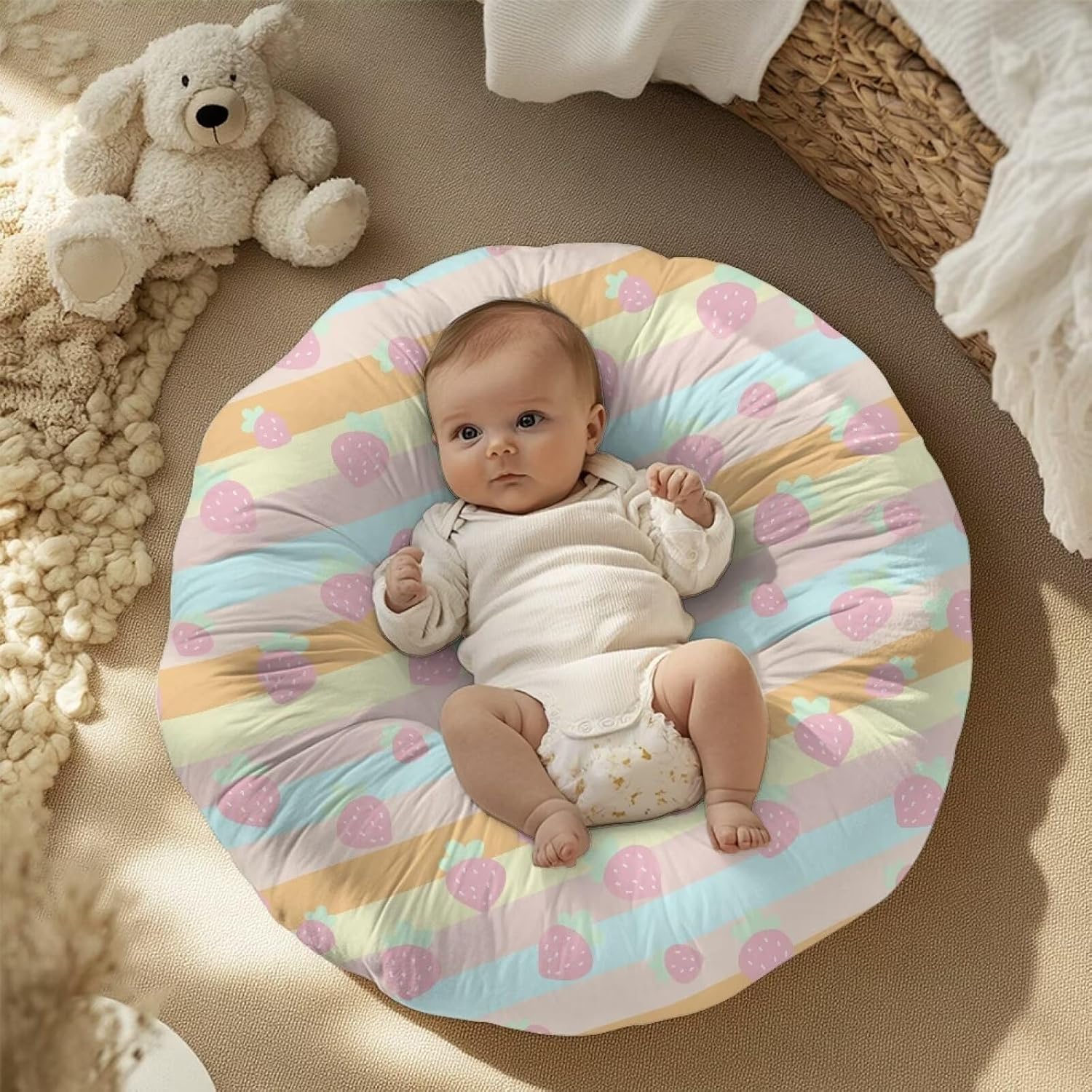 2 Pack Pink Strawberry Colorful Stripe Newborn Lounger Cover Washable Soft Slipcover Protective Decoration for Infant Lounger Pillow for Home Travel for Baby Boys Girls Playing Sleeping