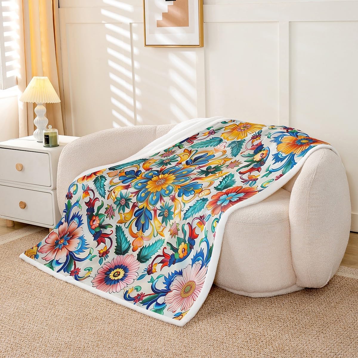 Erosebridal Boho Floral Fuzzy Plush Throw Colorful Ethnic Baroque Fleece Blanket Mexican Style Flowers Sherpa Blanket for Kids Girls Teen,Pink Green Yellow Decor for Bed Couch Queen 90"x90"