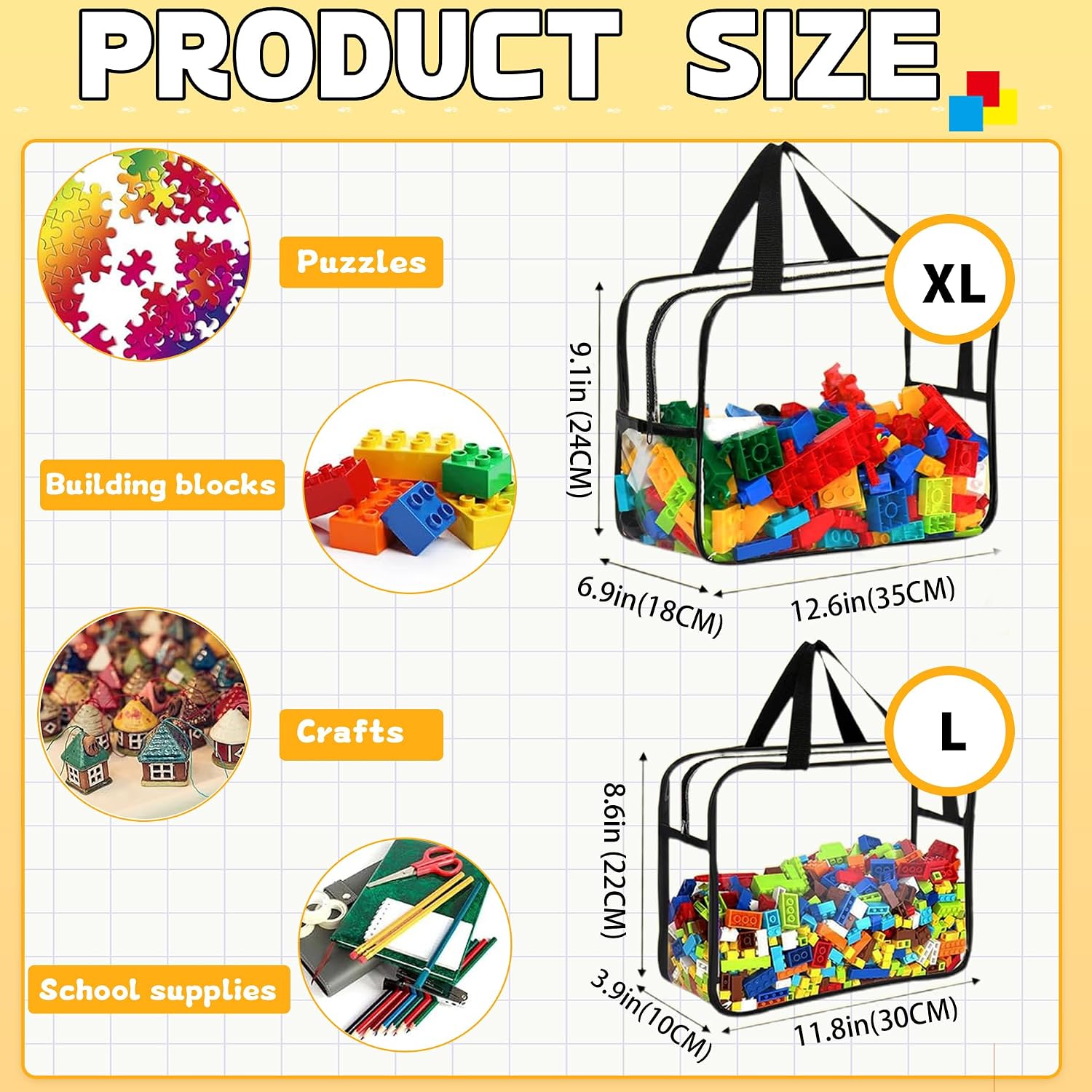 6PCS Toy Storage Bags, Clear Waterproof Toy Organizer Bags with Labels, Suitable for Storing Building Blocks, Puzzles, Stationery, and Books (6PCS Black XL: 13.8 * 9.25 * 6.9Inch)
