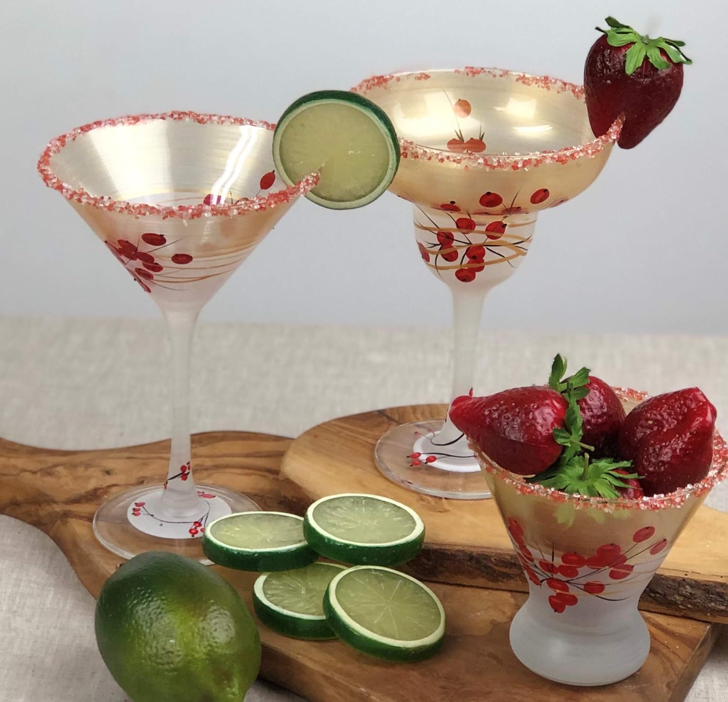 Hand Painted Margarita Glasses Set of 2 - Winter Berries 'n Branches Collection - Hand Painted Glassware by USA Artists - Unique and Decorative Margarita Glasses, Festive Holiday Glassware