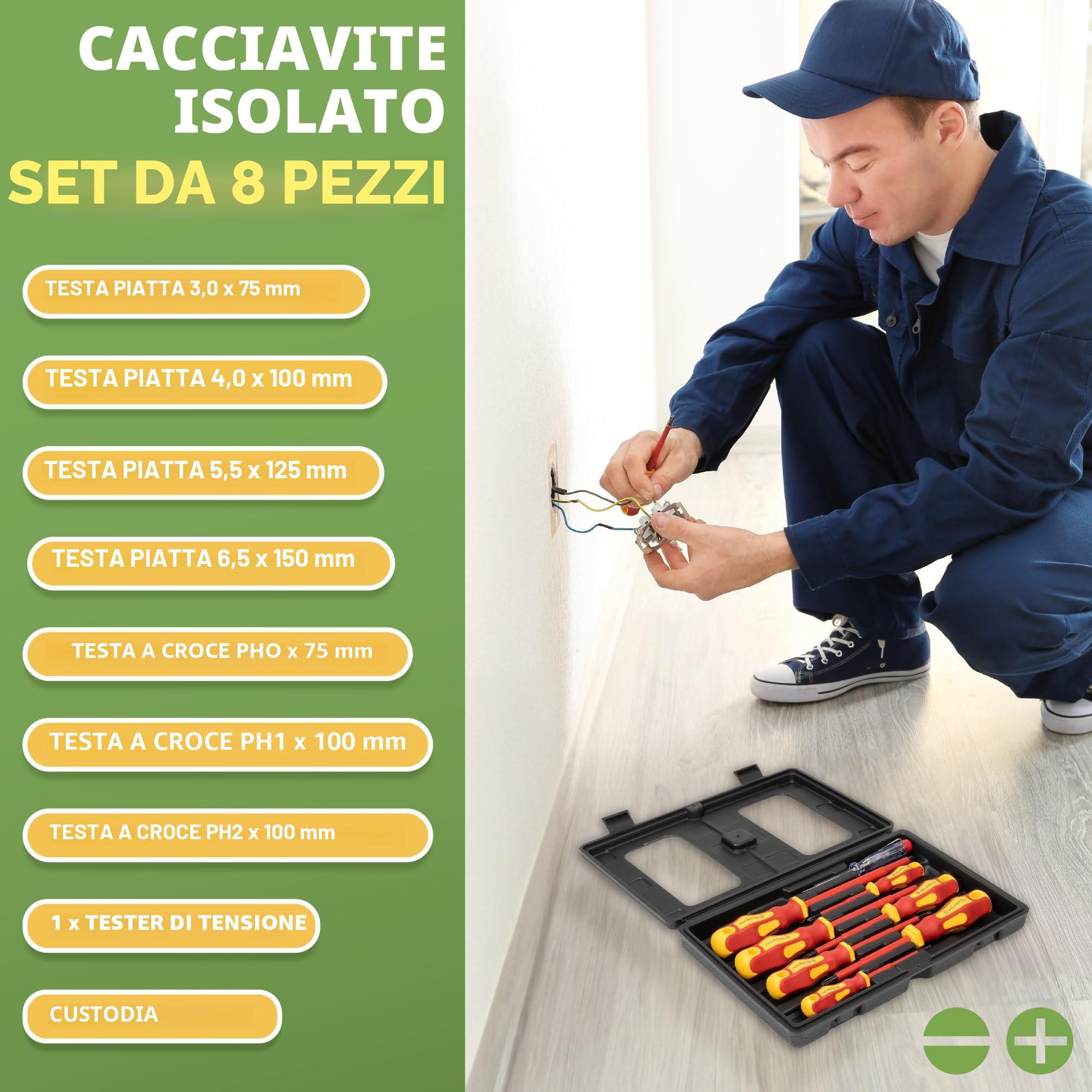 BLOSTM Set di cacciaviti isolati – Set di 8 cacciaviti elettrici testati VDE fino a 1000 V, set di cacciaviti per elettricisti con punta nera temprata con punta magnetica, design anti-rollio