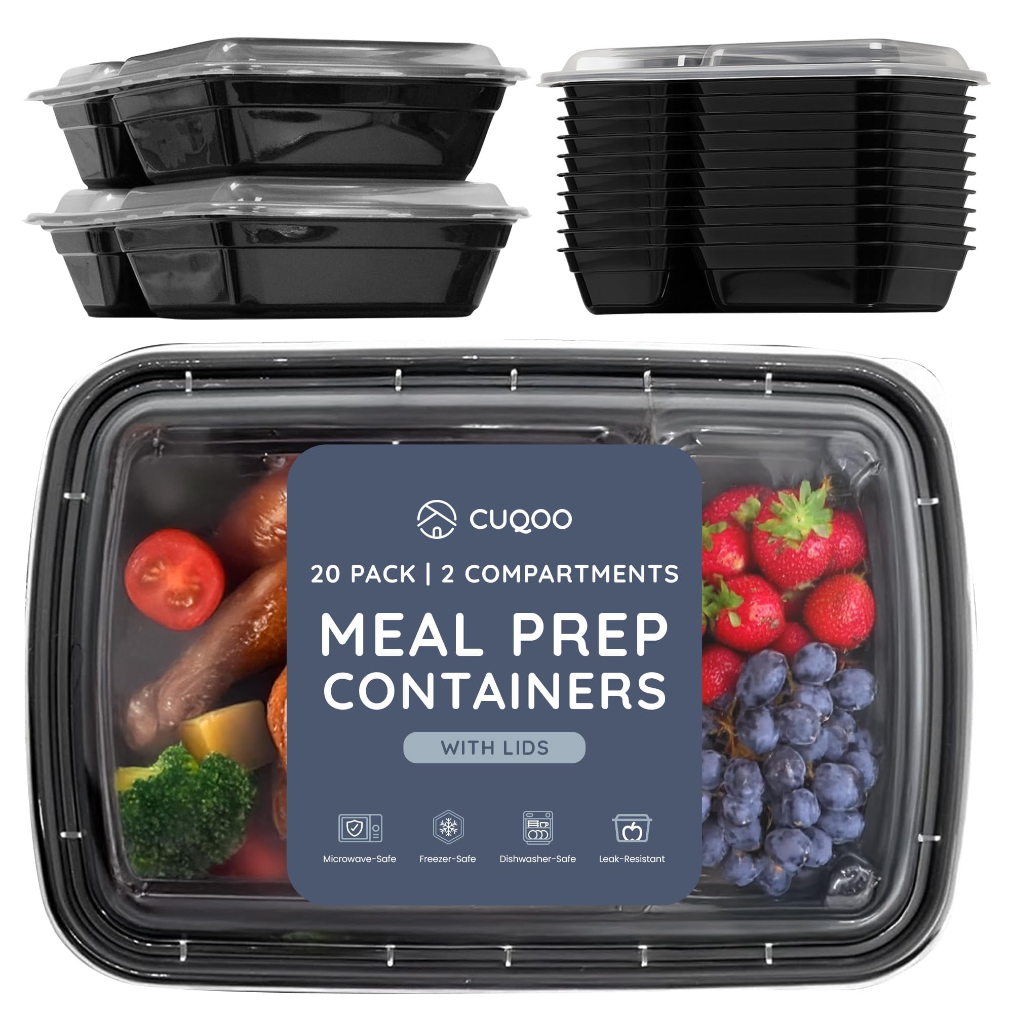 CUQOO Meal Prep Containers – 10 Pack 2 Compartment Lunch Boxes & Food Storage Containers with Lids – Reusable, BPA-Free, Stackable, Microwave & Freezer Safe