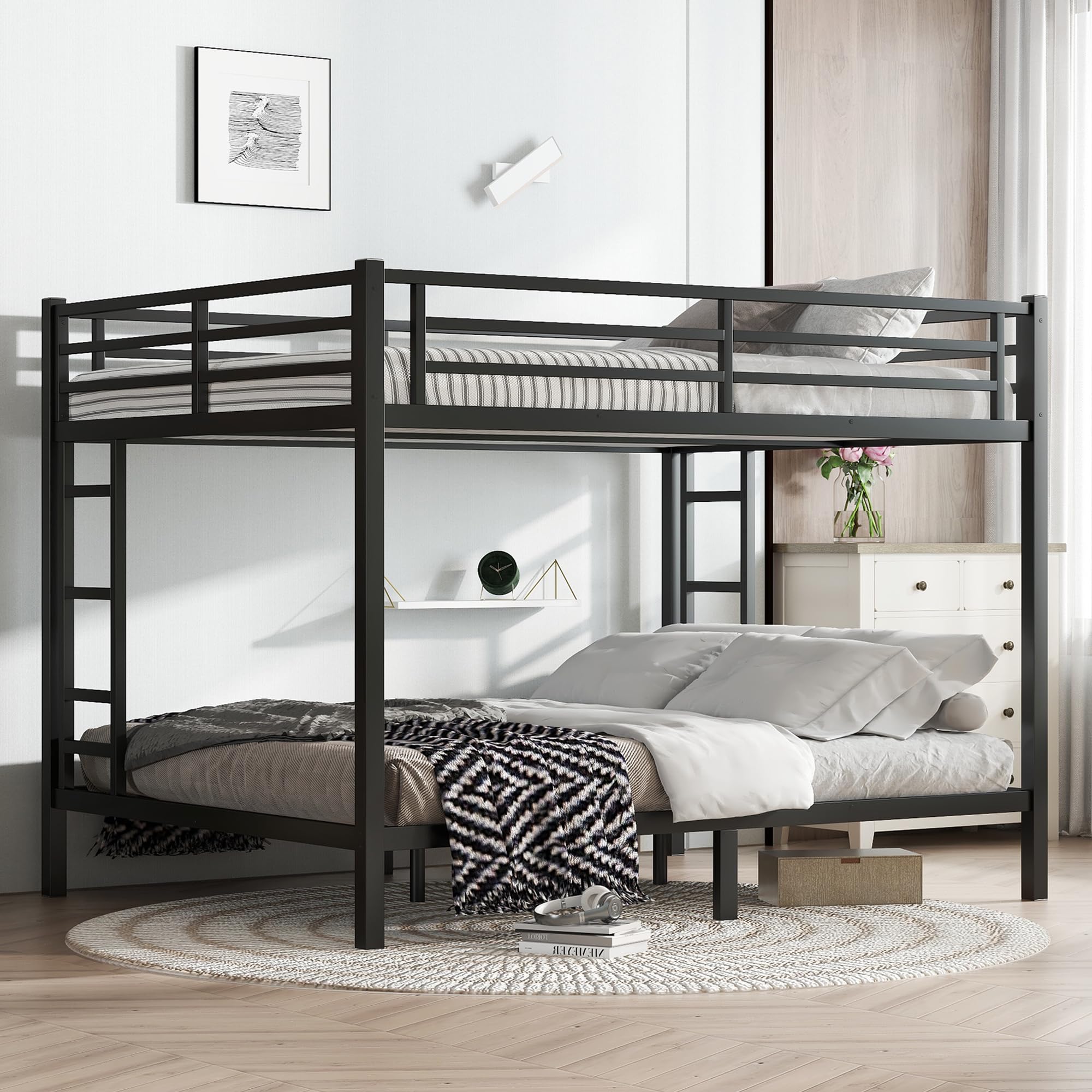 Bellemave Metal Bunk Bed Queen Over Queen with Ladder ＆ Full-Length Guardrails, Heavy Duty Bunk Bed Frame with Sturdy Slats, Queen Over Queen Bunk