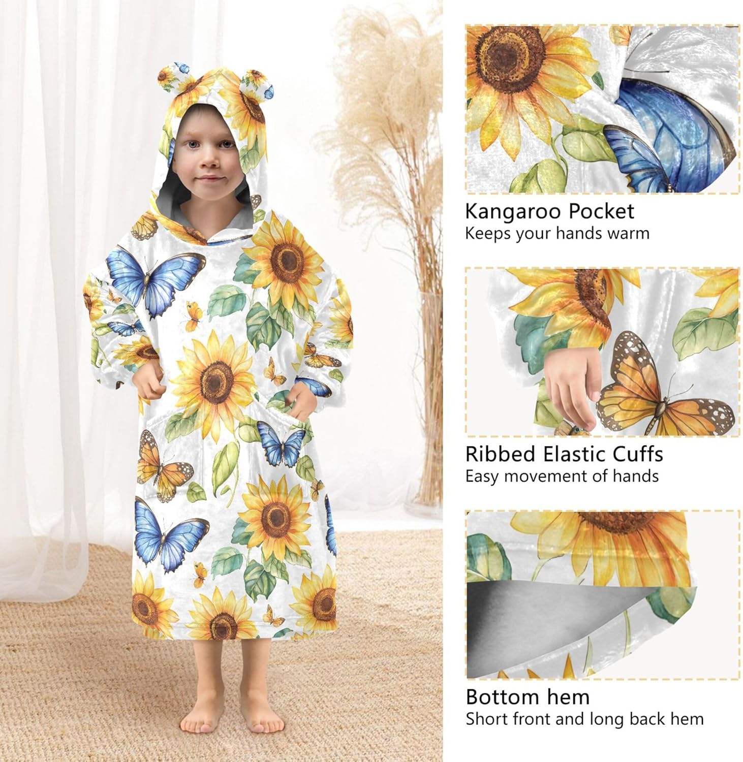 Butterfly Sunflower Kids Wearable Blanket Hoodie with Pocket and Sleeves for Toddlers, Cute Hoodies Girls B0403972